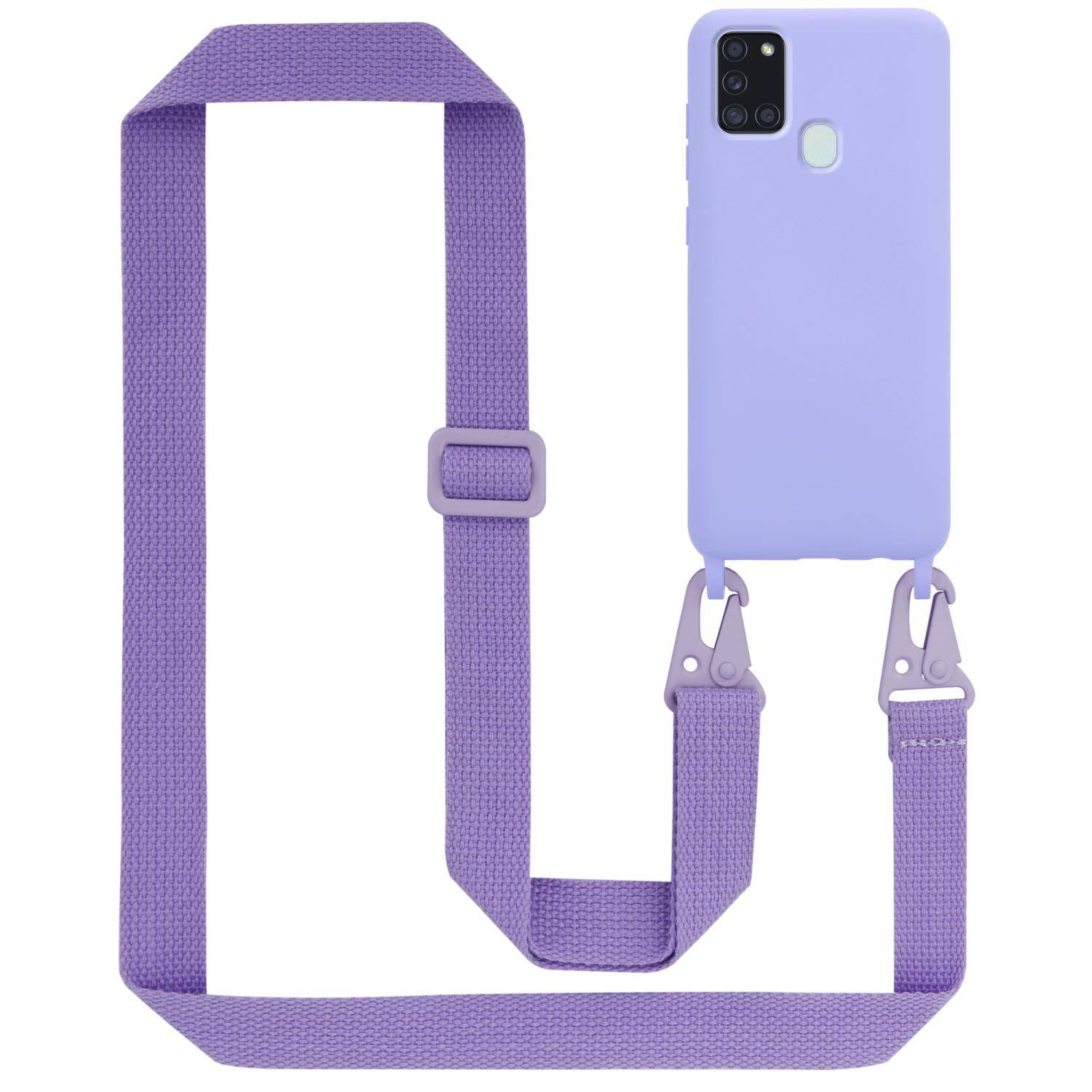 Cadorabo Schutzhülle für Samsung Galaxy A21s Hülle in Lila Handykette Etui längenverstellbar Kordel Band