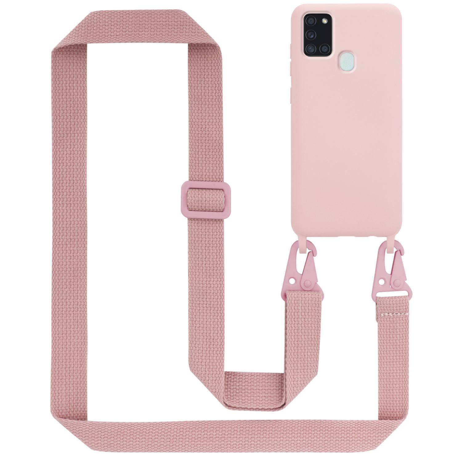 Cadorabo Schutzhülle für Samsung Galaxy A21s Hülle in Rosa Handykette Etui längenverstellbar Kordel Band