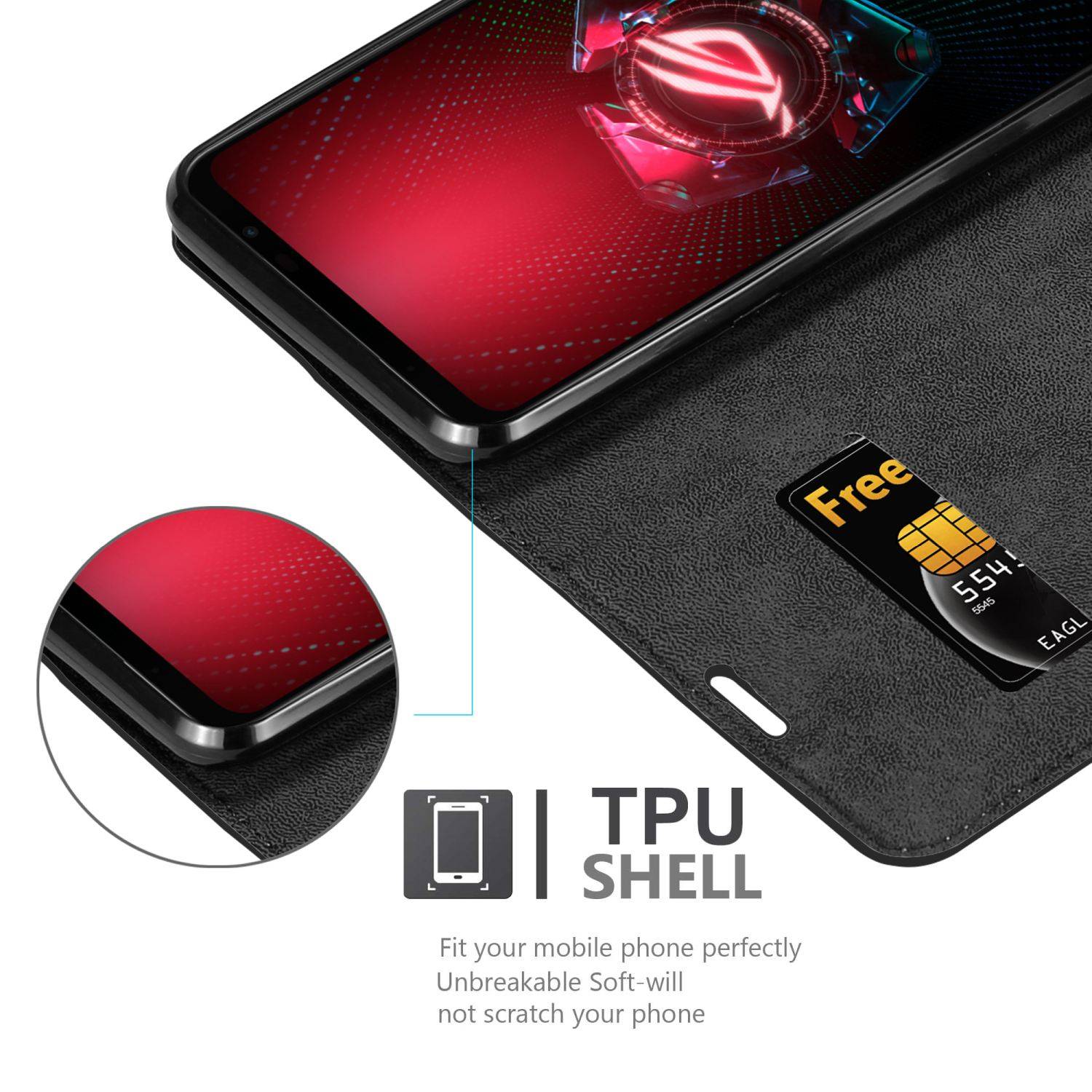 Cadorabo Hülle für Asus ROG Phone 5 Schutz Hülle in Schwarz Handyhülle Etui Case Cover Magnetverschluss
