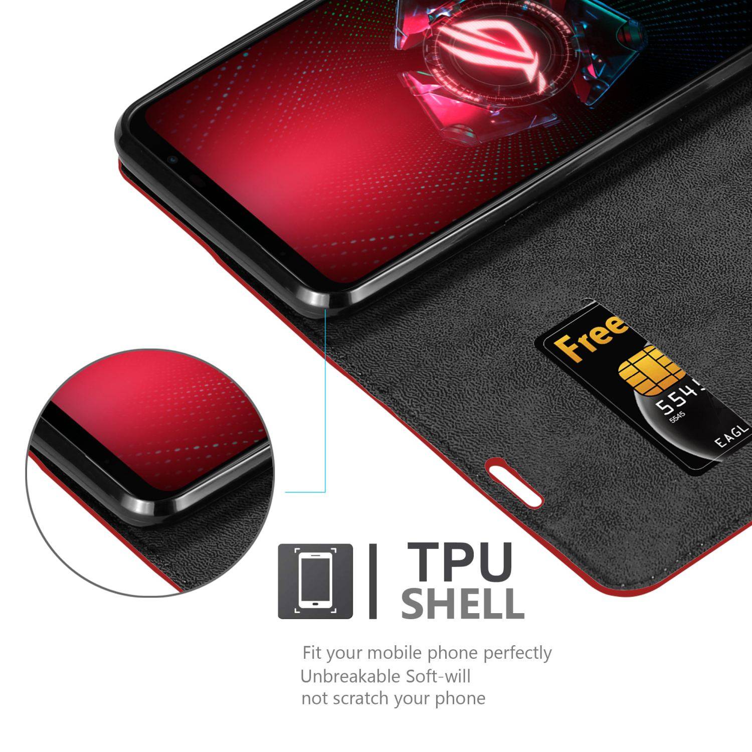 Cadorabo Hülle für Asus ROG Phone 5 Schutz Hülle in Rot Handyhülle Etui Case Cover Magnetverschluss