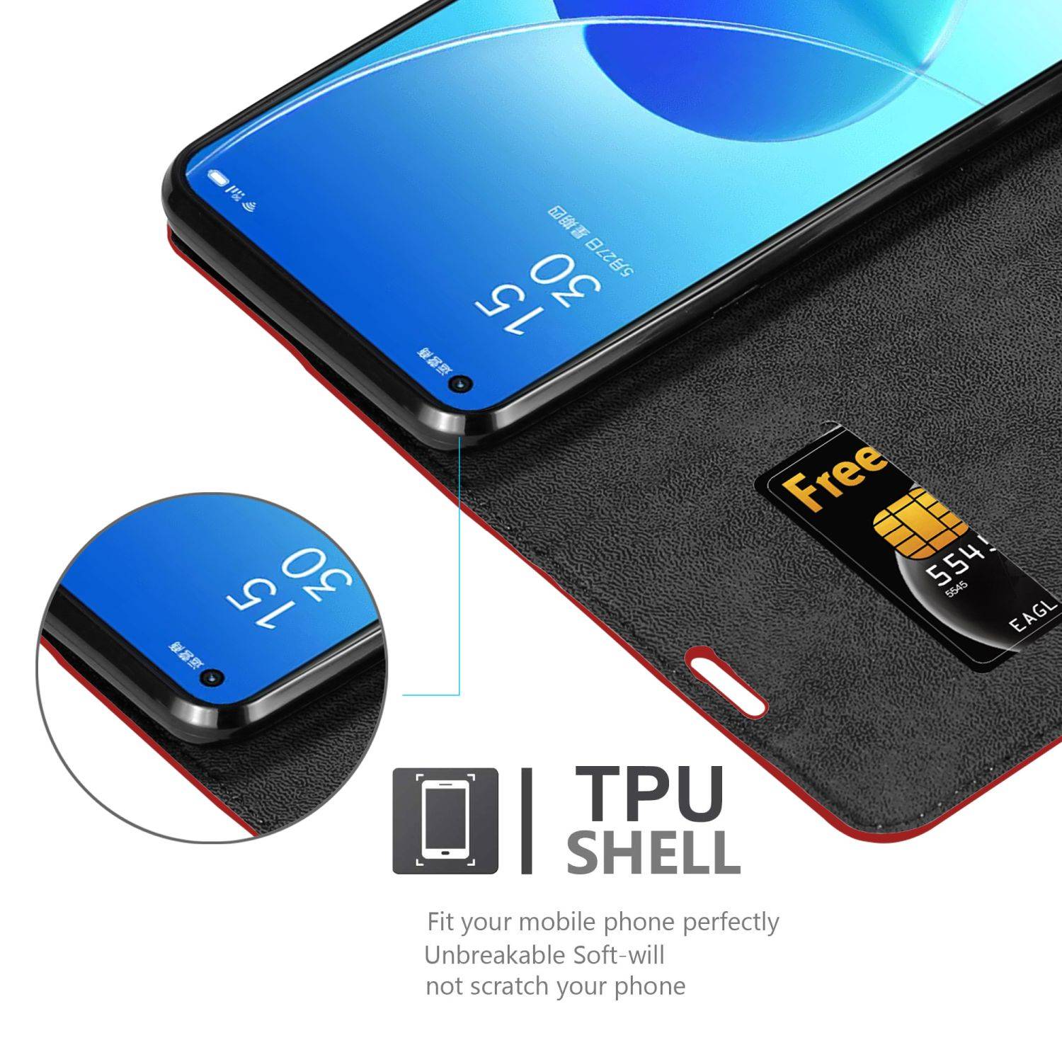 Cadorabo Hülle für Oppo Reno6 5G Schutz Hülle in Rot Handyhülle Etui Case Cover Magnetverschluss