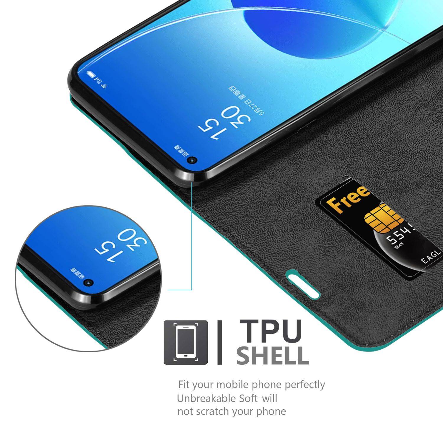 Cadorabo Hülle für Oppo Reno6 5G Schutz Hülle in Türkis Handyhülle Etui Case Cover Magnetverschluss