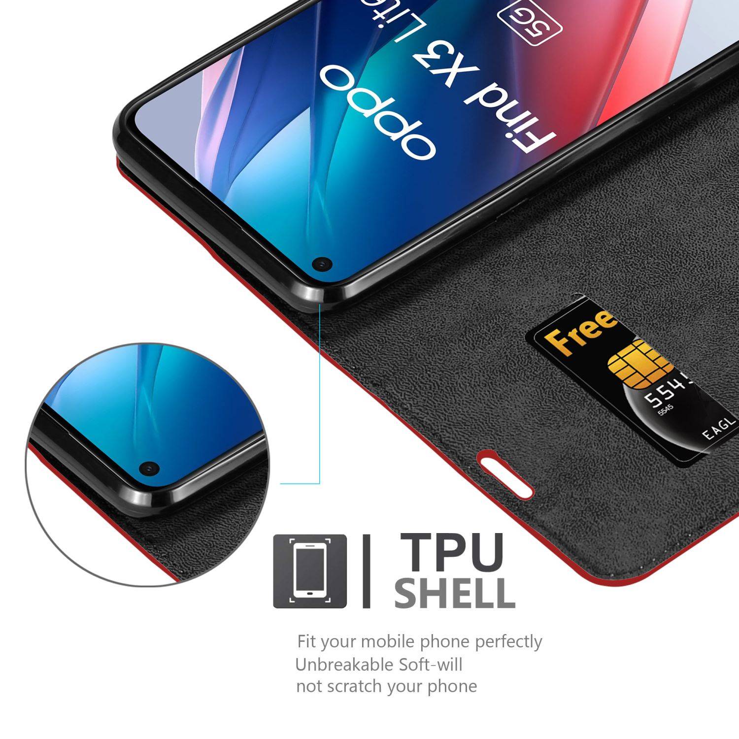 Cadorabo Hülle für Oppo FIND X3 LITE Schutz Hülle in Rot Handyhülle Etui Case Cover Magnetverschluss