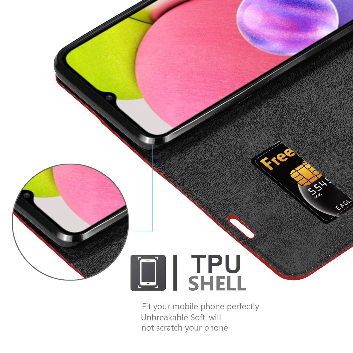 Cadorabo Hülle für Samsung Galaxy A03s Schutz Hülle in Rot Handyhülle Etui Case Cover Magnetverschluss