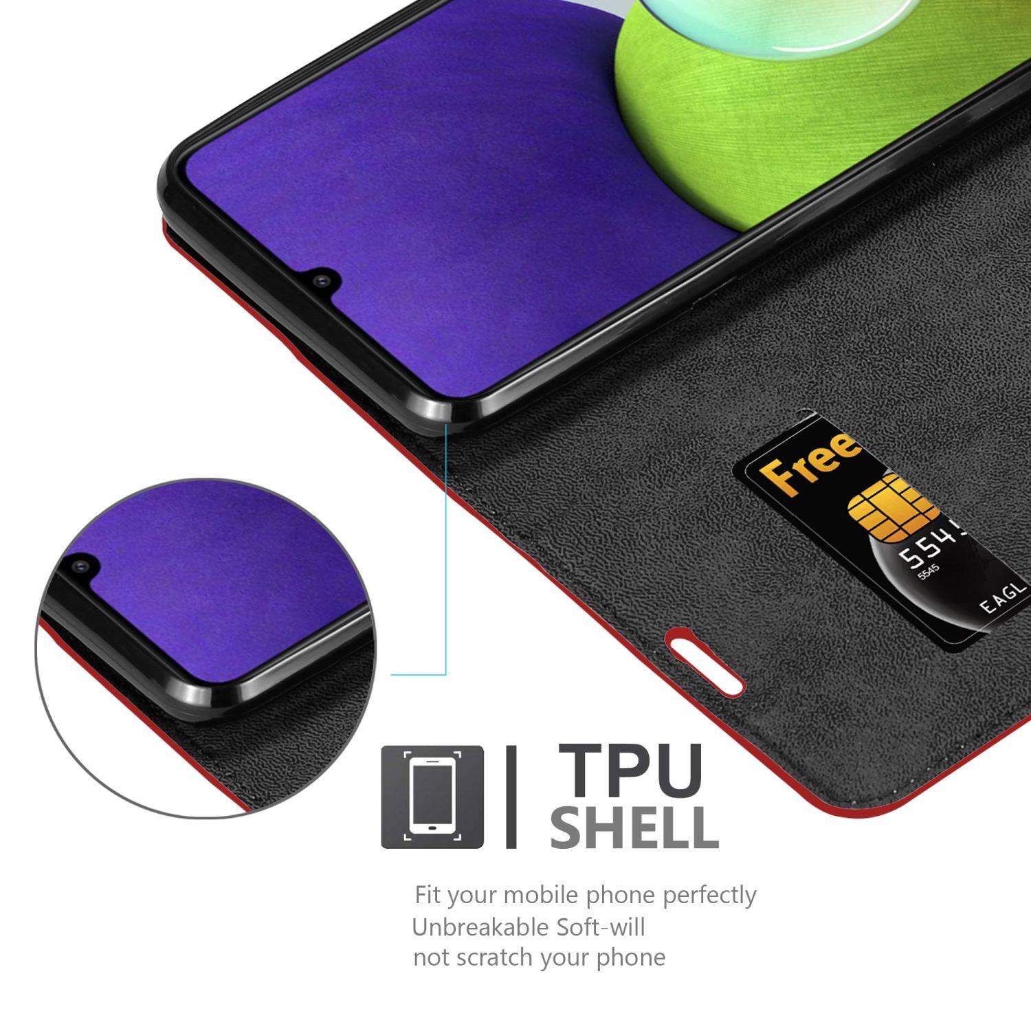 Cadorabo Hülle für Samsung Galaxy A22 4G / M22 / M32 4G Schutz Hülle in Rot Handyhülle Etui Case Cover Magnetverschluss