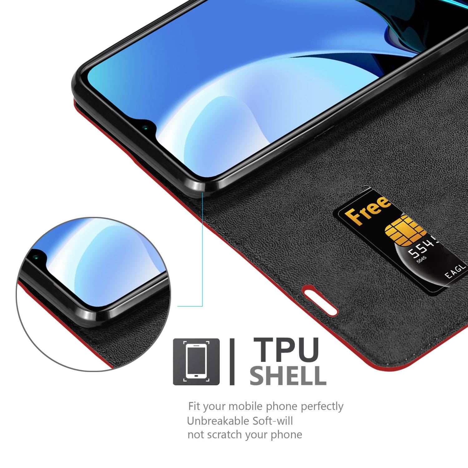 Cadorabo Hülle für Xiaomi RedMi 9T / POCO M3 Schutz Hülle in Rot Handyhülle Etui Case Cover Magnetverschluss