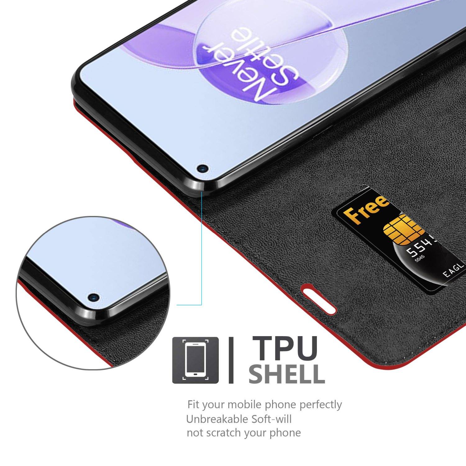Cadorabo Hülle für OnePlus 9RT 5G Schutz Hülle in Rot Handyhülle Etui Case Cover Magnetverschluss
