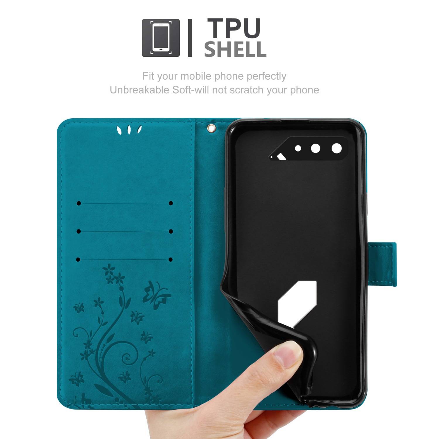Cadorabo Hülle für Asus ROG Phone 5 Schutz Hülle in Blau Schutzhülle Handy Hülle Etui Case Blumen Flower