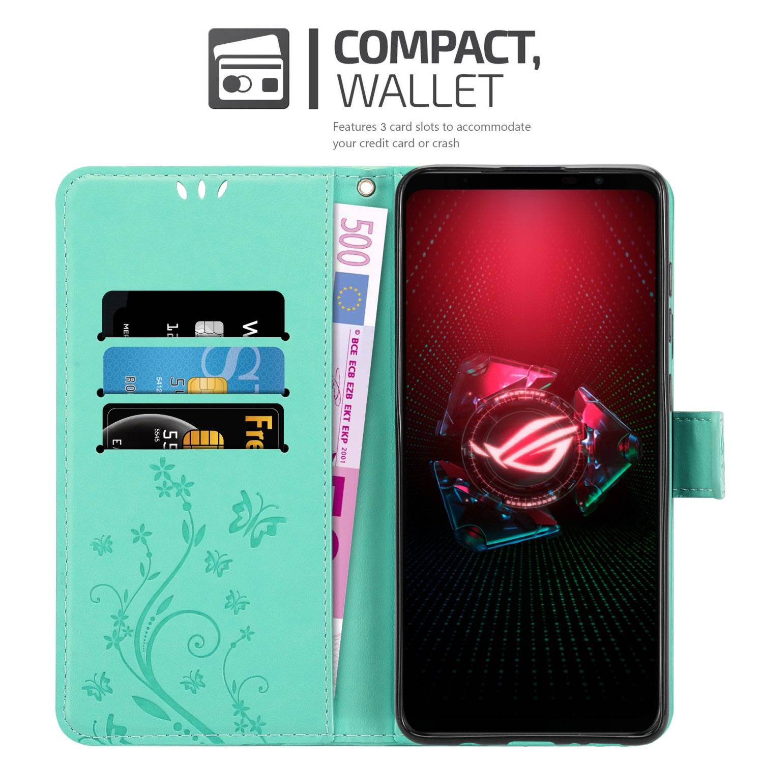 Cadorabo Hülle für Asus ROG Phone 5 Schutz Hülle in Türkis Schutzhülle Handy Hülle Etui Case Blumen Flower