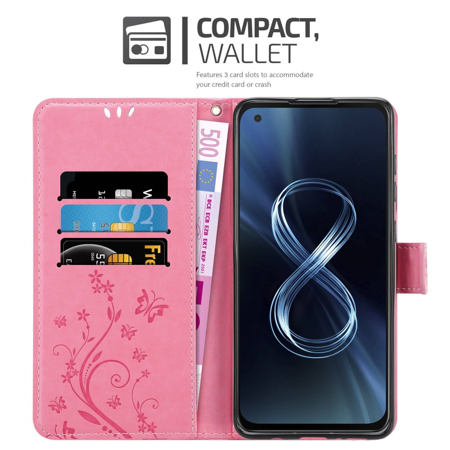 Cadorabo Hülle für Asus ZenFone 8 Schutz Hülle in Rosa Schutzhülle Handy Hülle Etui Case Blumen Flower