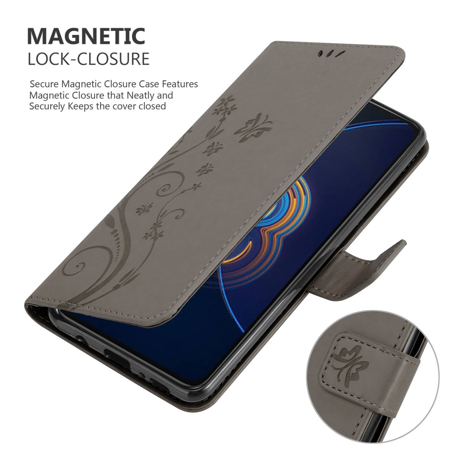 Cadorabo Hülle für Asus ZenFone 8 FLIP Schutz Hülle in Grau Schutzhülle Handy Hülle Etui Case Blumen Flower