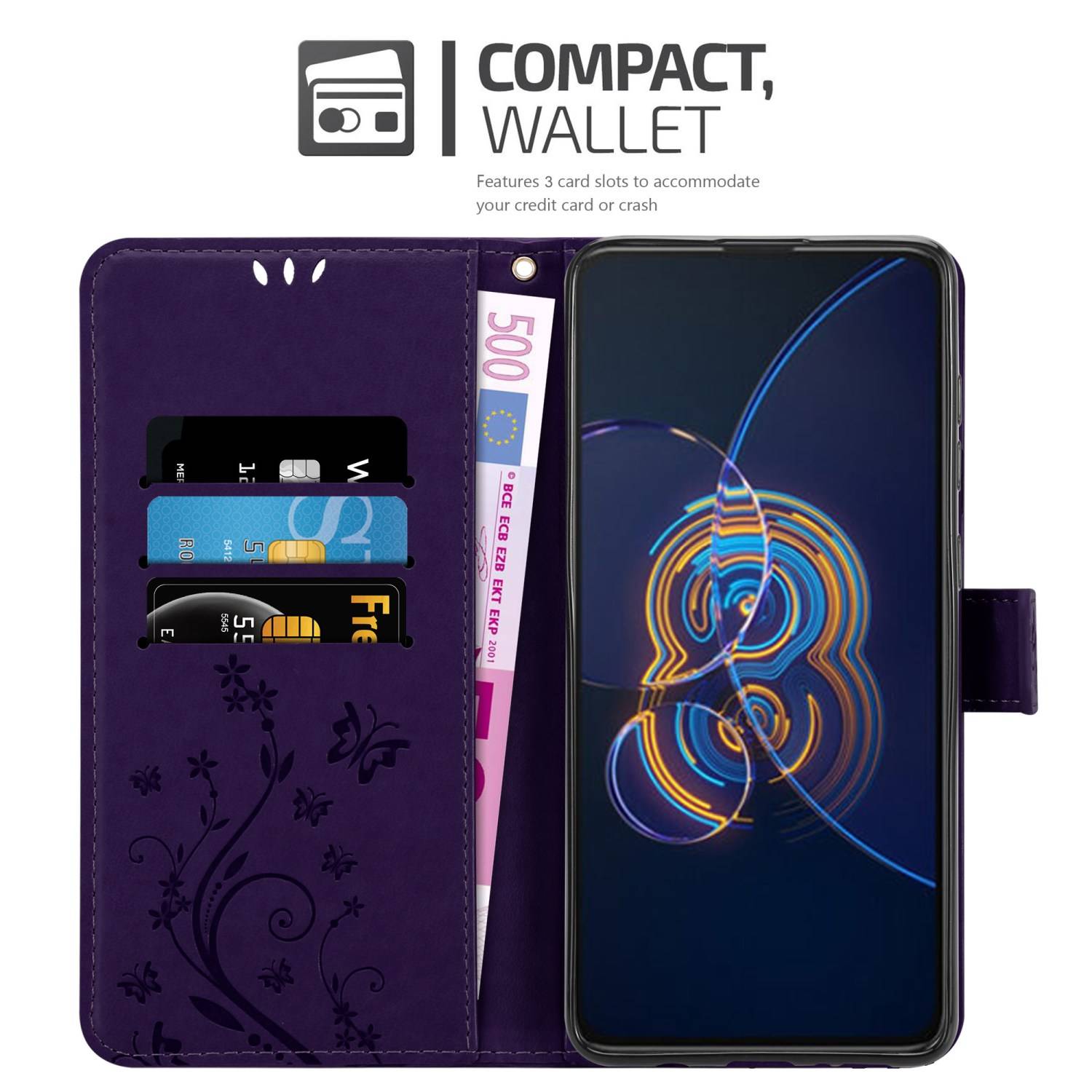Cadorabo Hülle für Asus ZenFone 8 FLIP Schutz Hülle in Lila Schutzhülle Handy Hülle Etui Case Blumen Flower