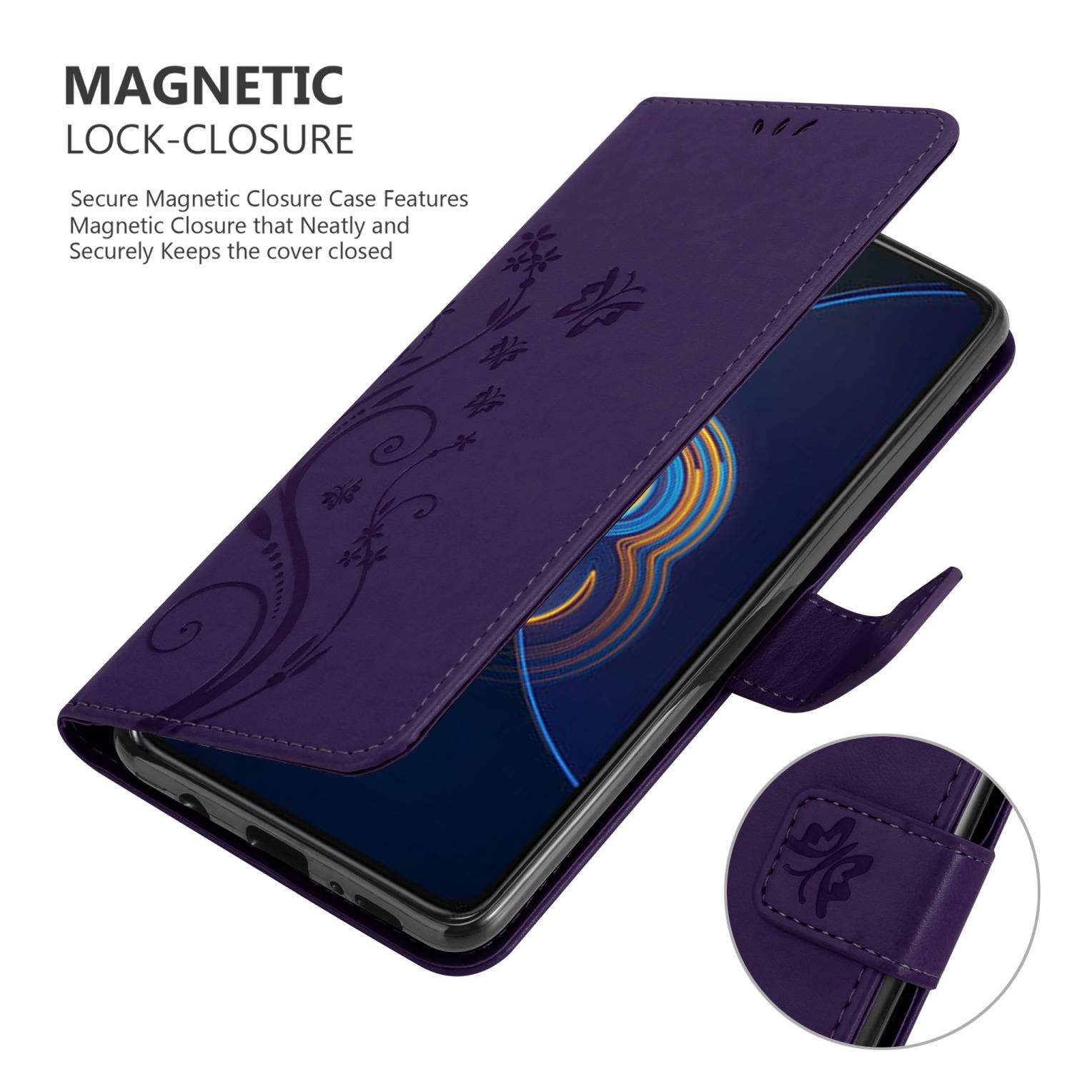 Cadorabo Hülle für Asus ZenFone 8 FLIP Schutz Hülle in Lila Schutzhülle Handy Hülle Etui Case Blumen Flower