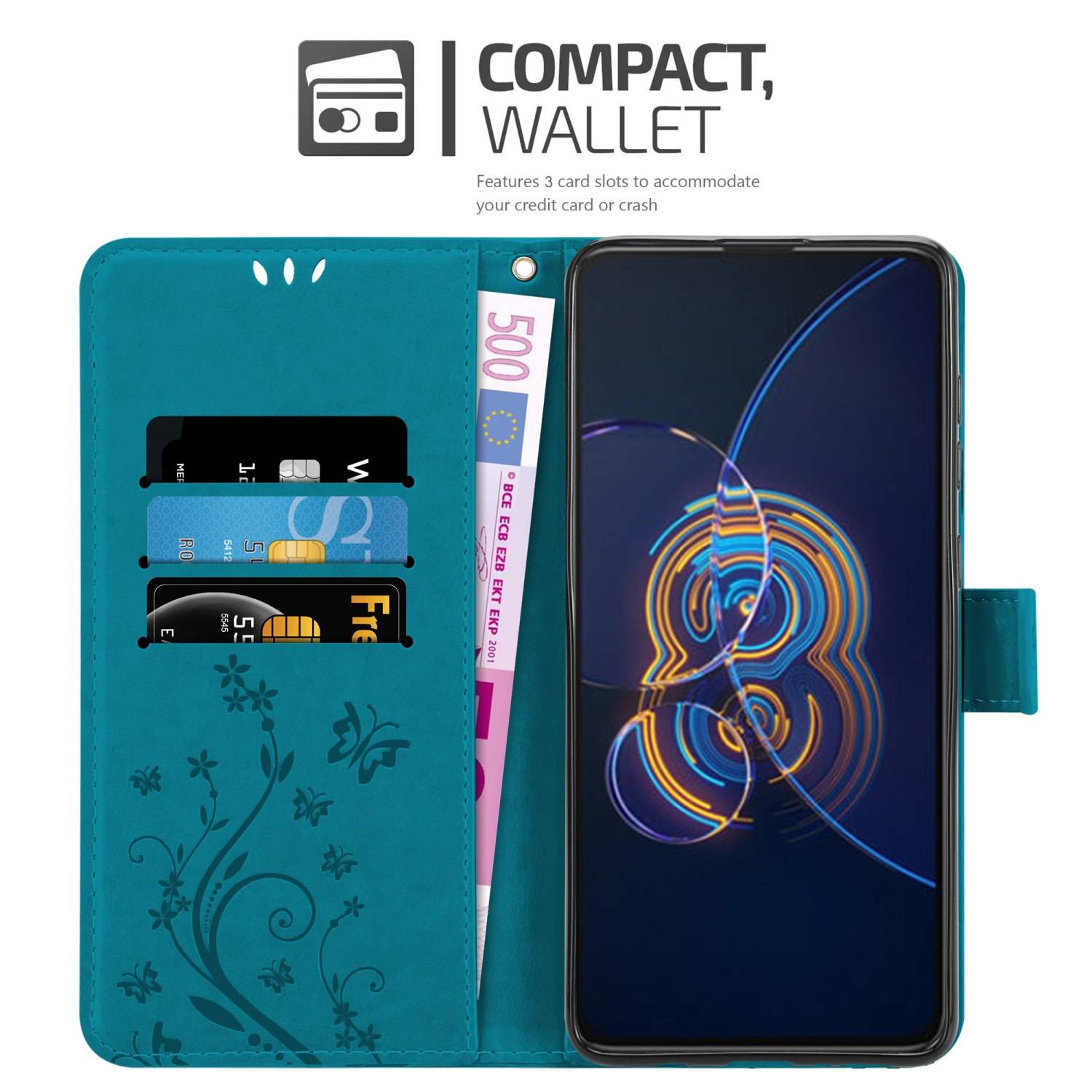 Cadorabo Hülle für Asus ZenFone 8 FLIP Schutz Hülle in Blau Schutzhülle Handy Hülle Etui Case Blumen Flower