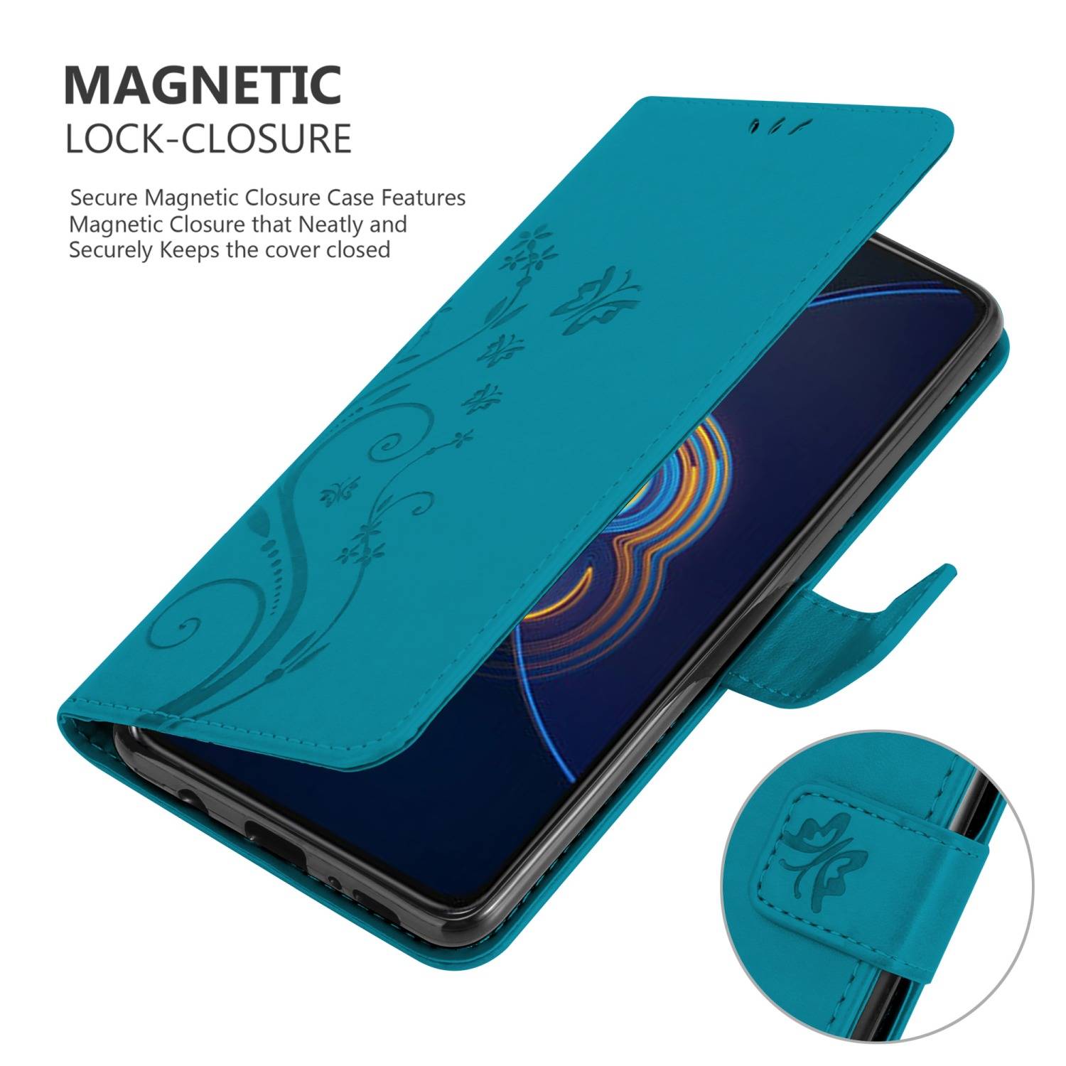 Cadorabo Hülle für Asus ZenFone 8 FLIP Schutz Hülle in Blau Schutzhülle Handy Hülle Etui Case Blumen Flower