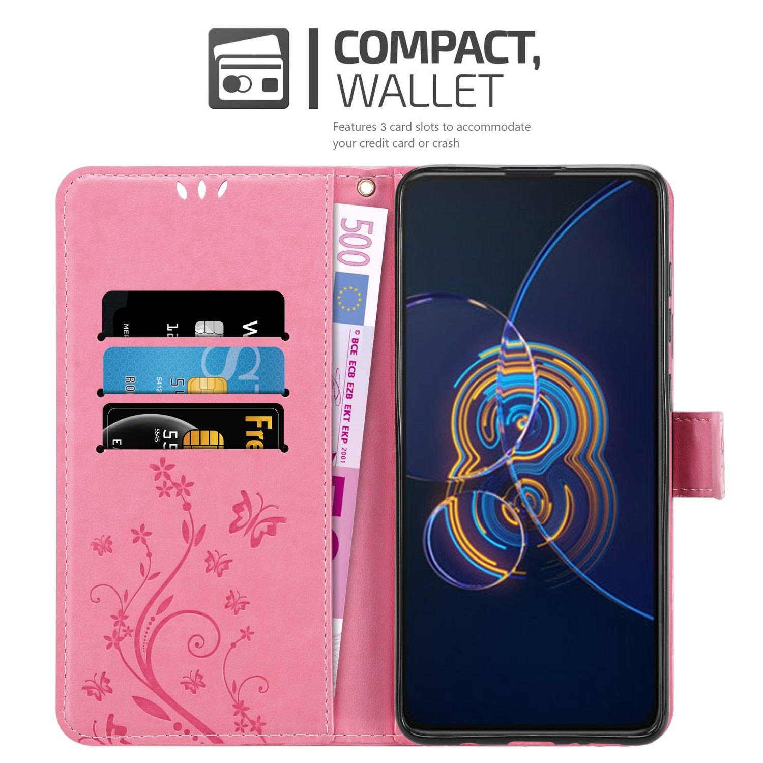Cadorabo Hülle für Asus ZenFone 8 FLIP Schutz Hülle in Rosa Schutzhülle Handy Hülle Etui Case Blumen Flower