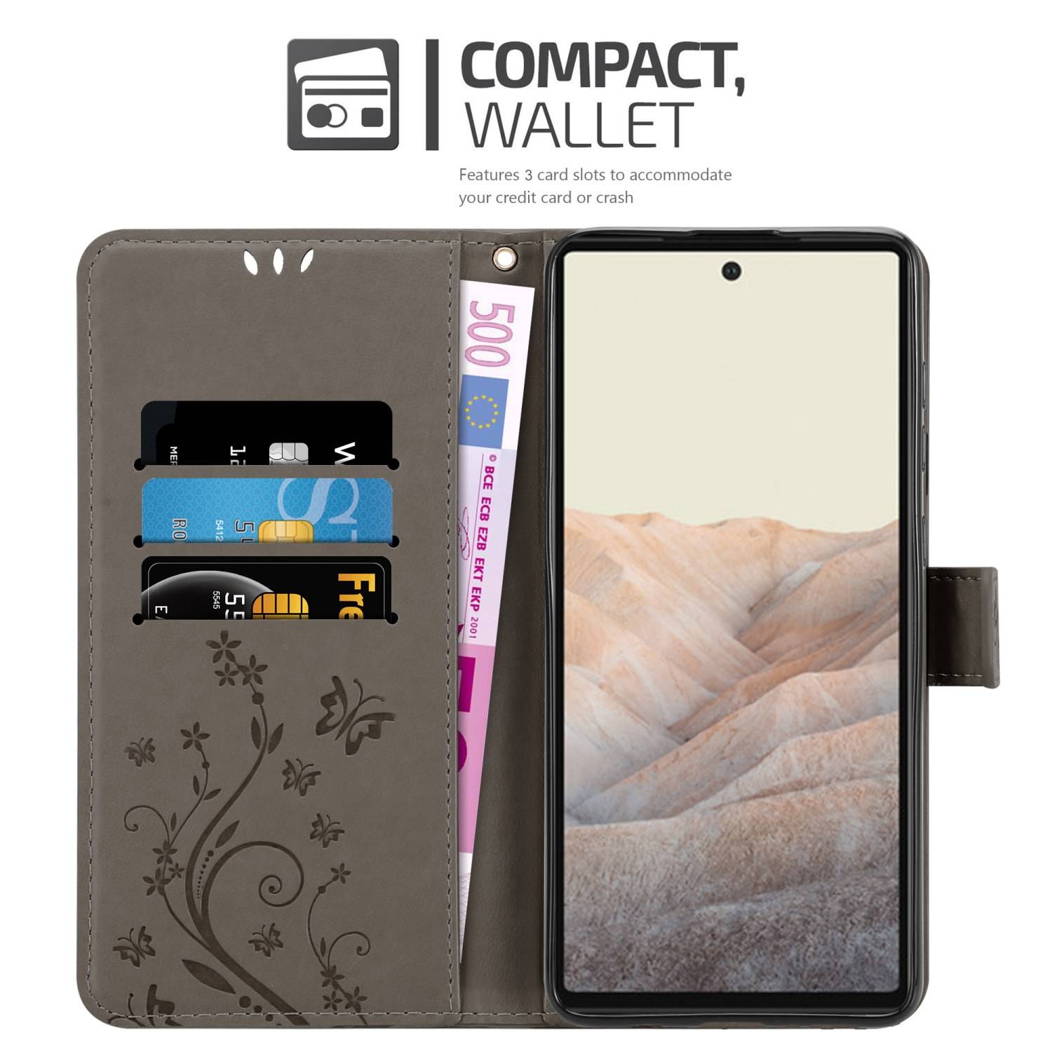 Cadorabo Hülle für Google PIXEL 6 Schutz Hülle in Grau Schutzhülle Handy Hülle Etui Case Blumen Flower
