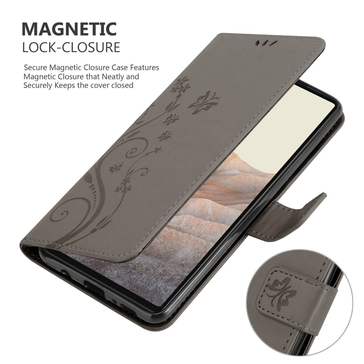 Cadorabo Hülle für Google PIXEL 6 Schutz Hülle in Grau Schutzhülle Handy Hülle Etui Case Blumen Flower
