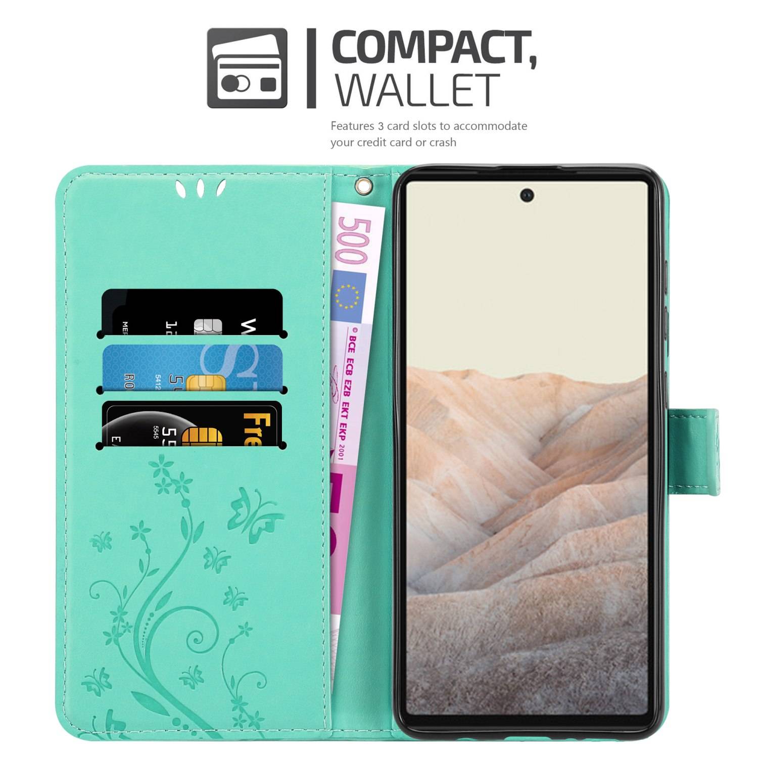 Cadorabo Hülle für Google PIXEL 6 Schutz Hülle in Türkis Schutzhülle Handy Hülle Etui Case Blumen Flower