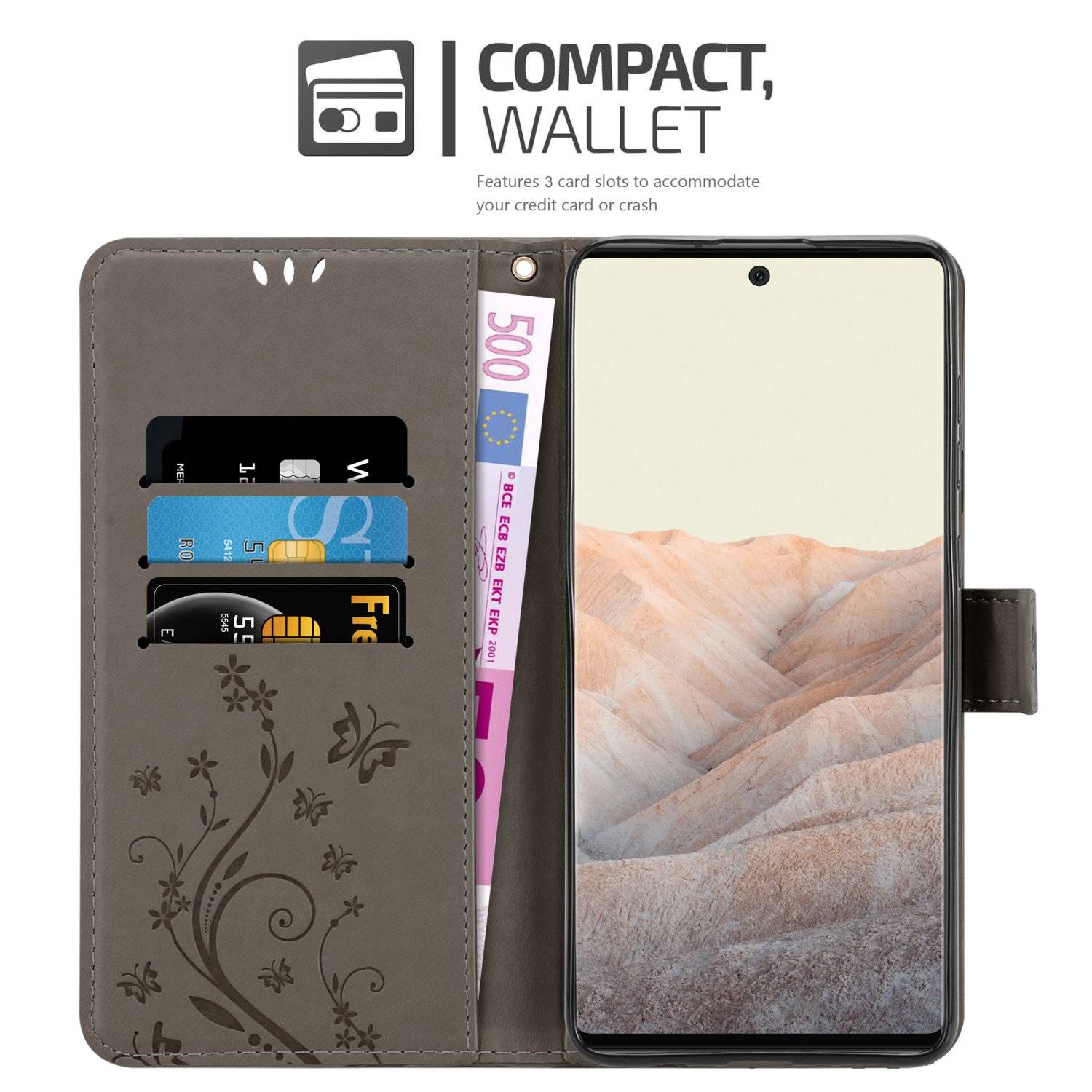 Cadorabo Hülle für Google PIXEL 6 PRO Schutz Hülle in Grau Schutzhülle Handy Hülle Etui Case Blumen Flower
