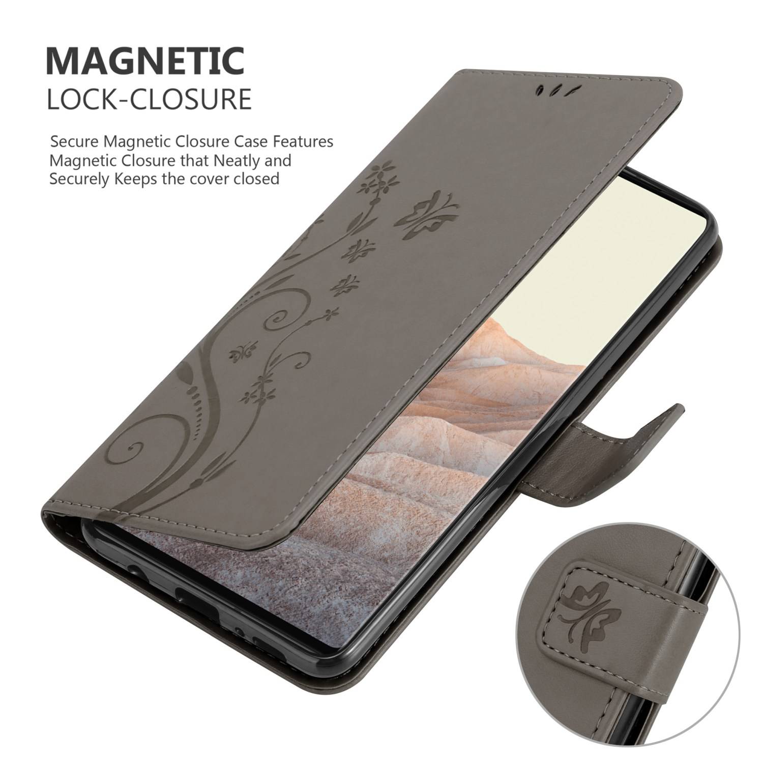 Cadorabo Hülle für Google PIXEL 6 PRO Schutz Hülle in Grau Schutzhülle Handy Hülle Etui Case Blumen Flower