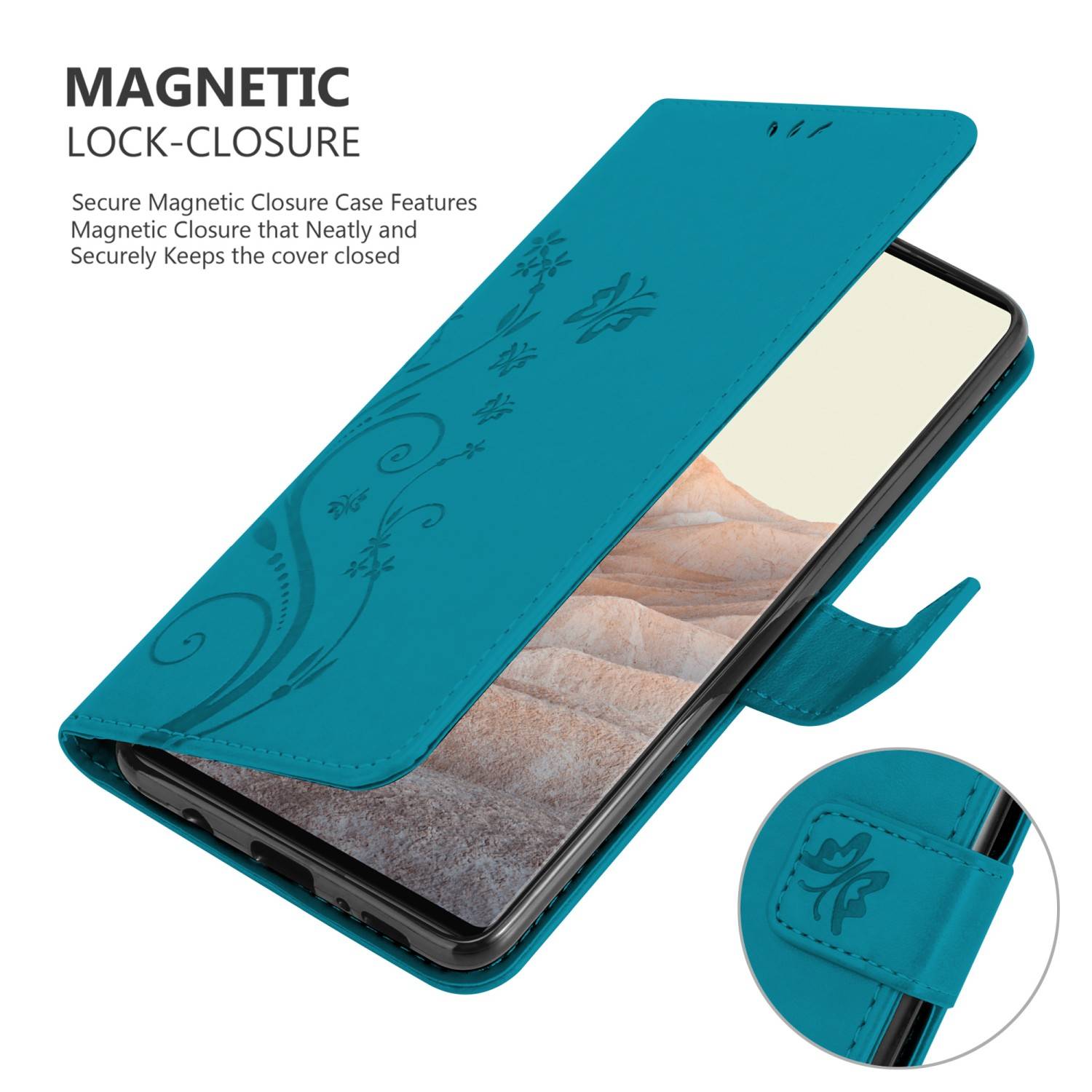 Cadorabo Hülle für Google PIXEL 6 PRO Schutz Hülle in Blau Schutzhülle Handy Hülle Etui Case Blumen Flower