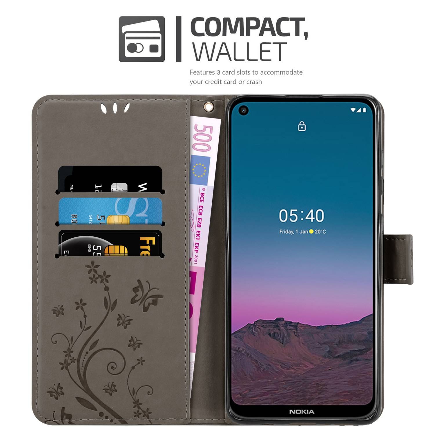 Cadorabo Hülle für Nokia 5.4 Schutz Hülle in Grau Schutzhülle Handy Hülle Etui Case Blumen Flower
