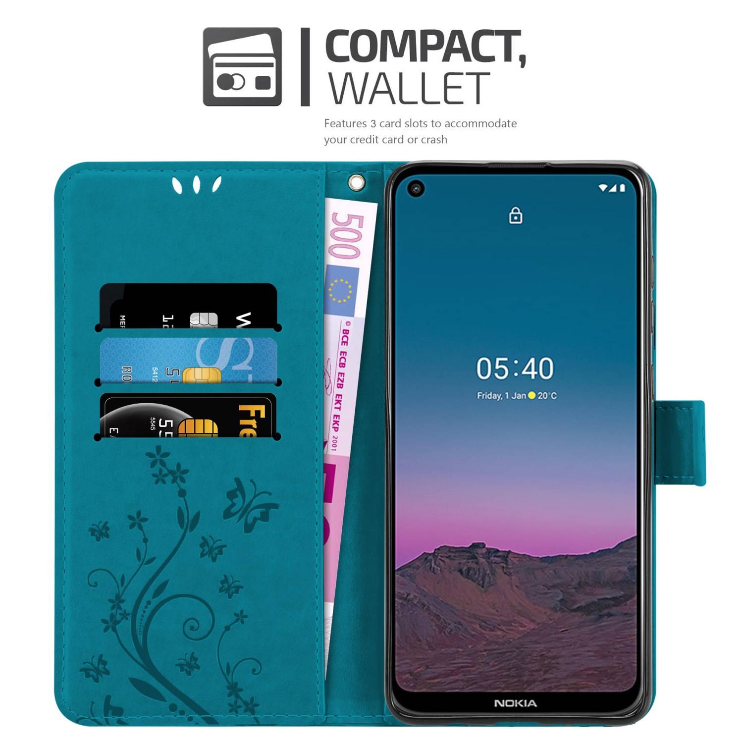 Cadorabo Hülle für Nokia 5.4 Schutz Hülle in Blau Schutzhülle Handy Hülle Etui Case Blumen Flower