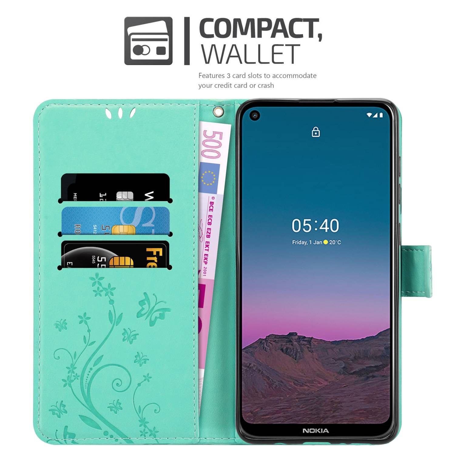 Cadorabo Hülle für Nokia 5.4 Schutz Hülle in Türkis Schutzhülle Handy Hülle Etui Case Blumen Flower