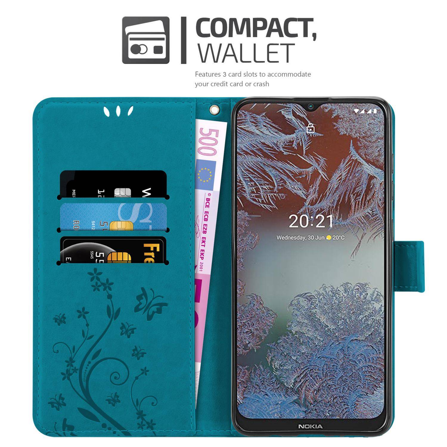 Cadorabo Hülle für Nokia G10 / G20 Schutz Hülle in Blau Schutzhülle Handy Hülle Etui Case Blumen Flower