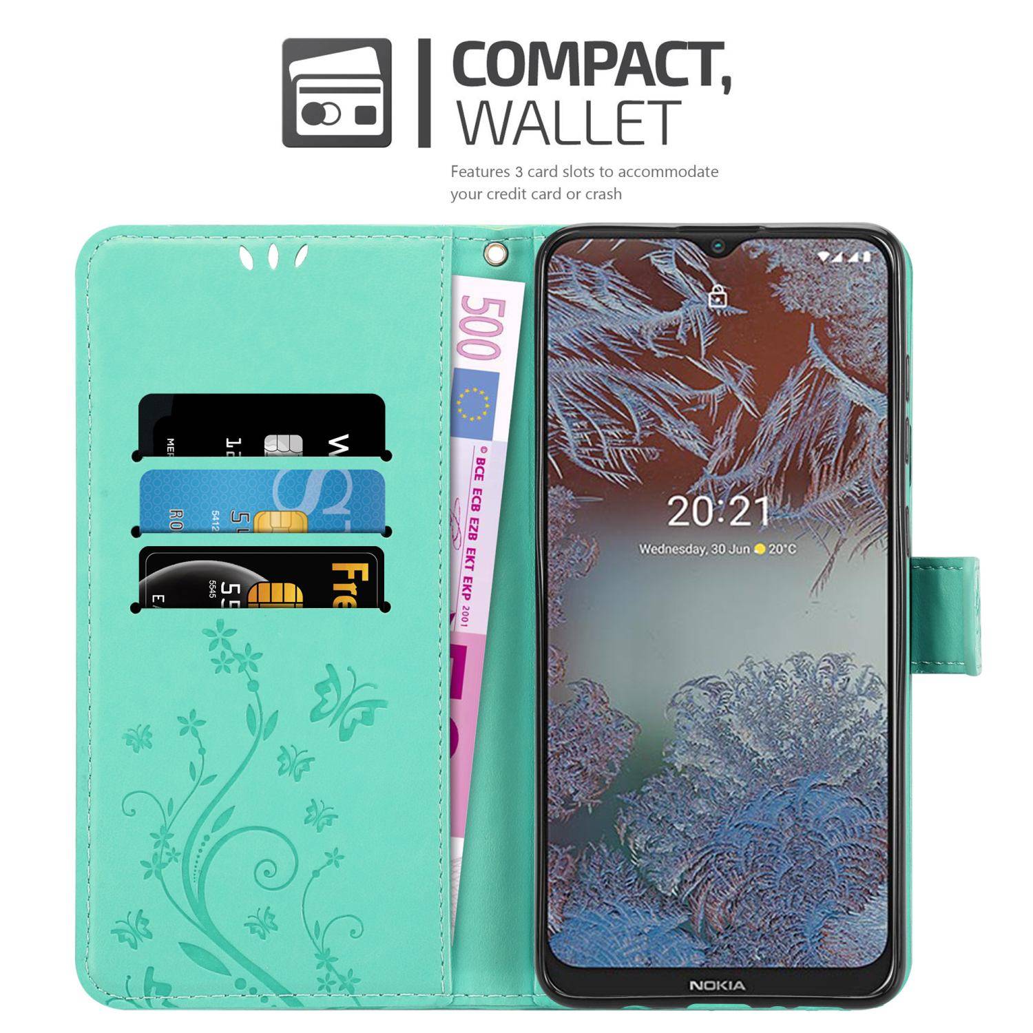 Cadorabo Hülle für Nokia G10 / G20 Schutz Hülle in Türkis Schutzhülle Handy Hülle Etui Case Blumen Flower