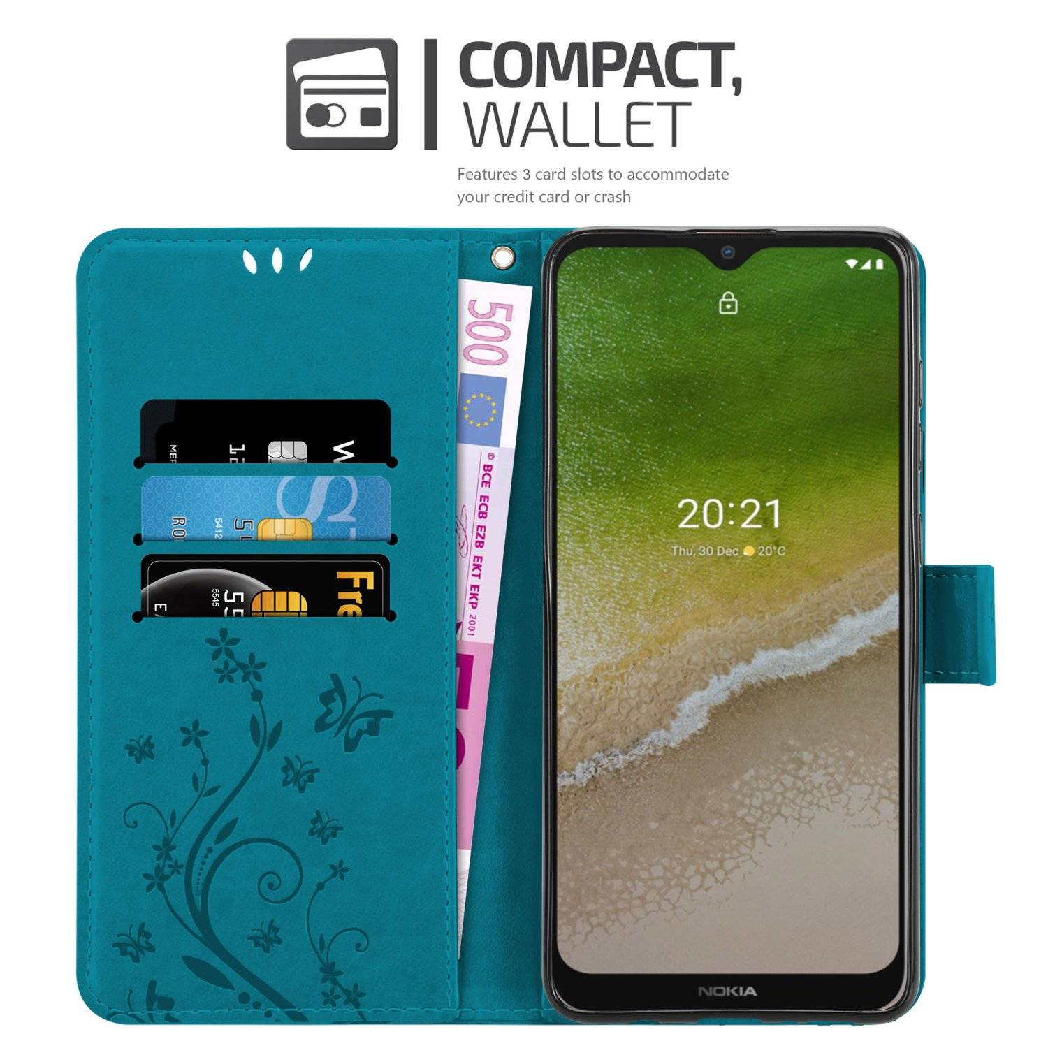 Cadorabo Hülle für Nokia G50 5G Schutz Hülle in Blau Schutzhülle Handy Hülle Etui Case Blumen Flower