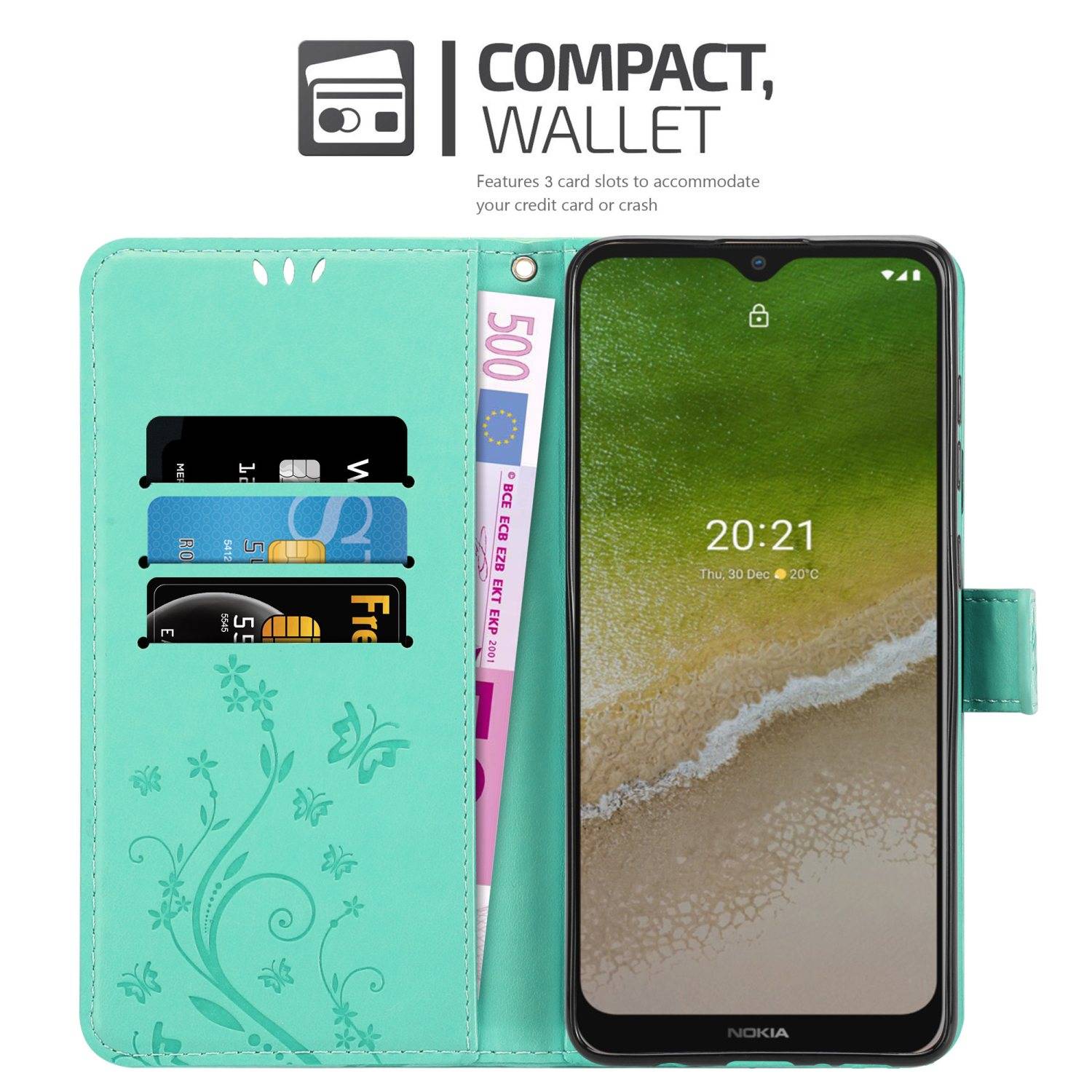 Cadorabo Hülle für Nokia G50 5G Schutz Hülle in Türkis Schutzhülle Handy Hülle Etui Case Blumen Flower