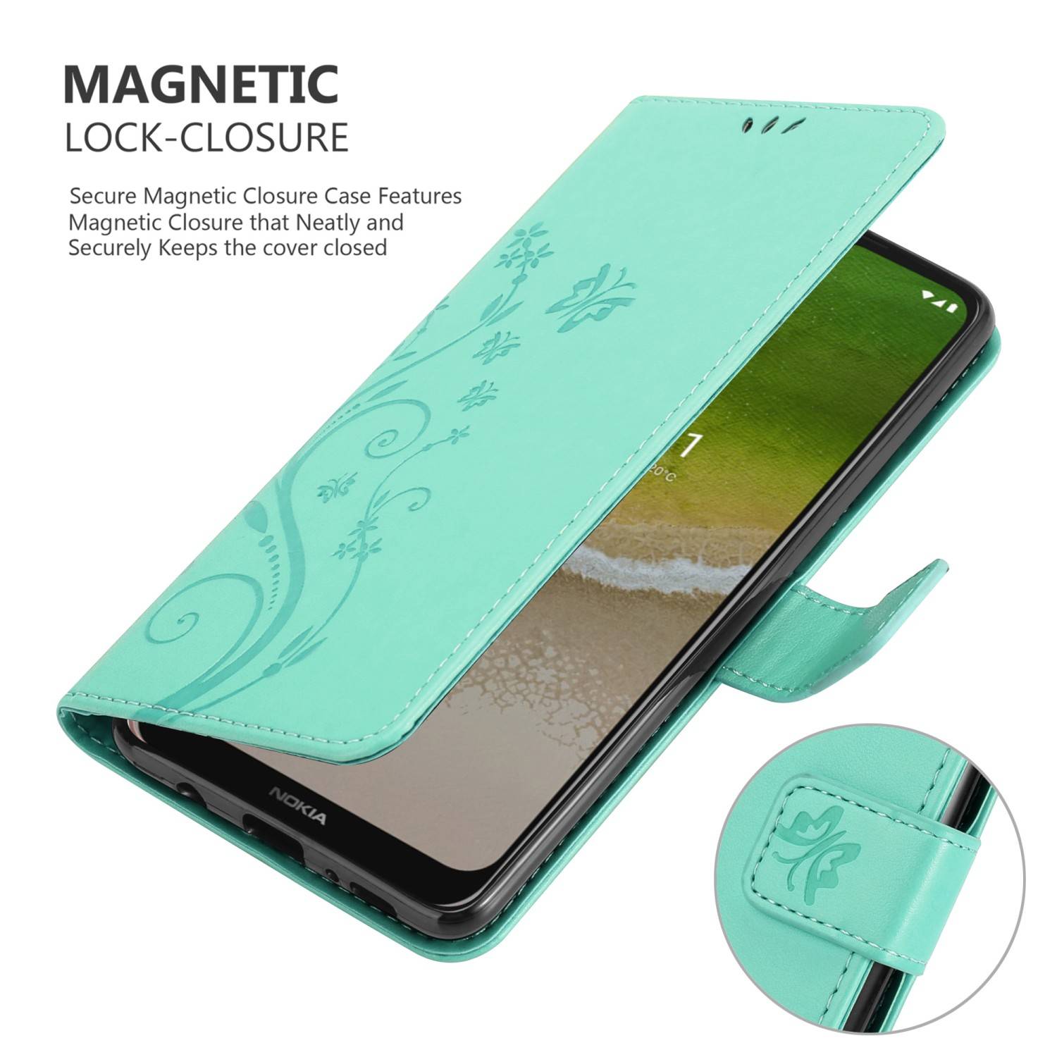 Cadorabo Hülle für Nokia G50 5G Schutz Hülle in Türkis Schutzhülle Handy Hülle Etui Case Blumen Flower