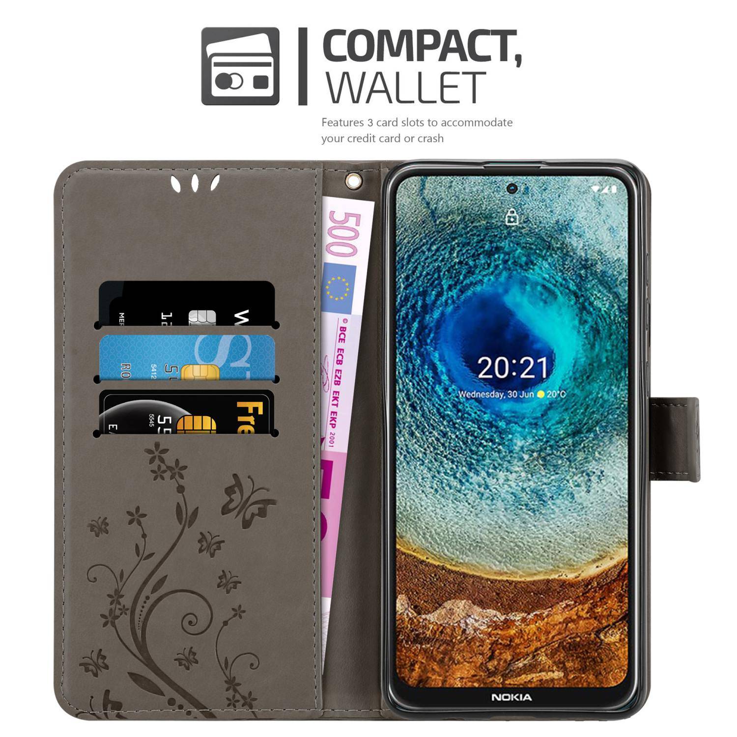 Cadorabo Hülle für Nokia X10 / X20 Schutz Hülle in Grau Schutzhülle Handy Hülle Etui Case Blumen Flower