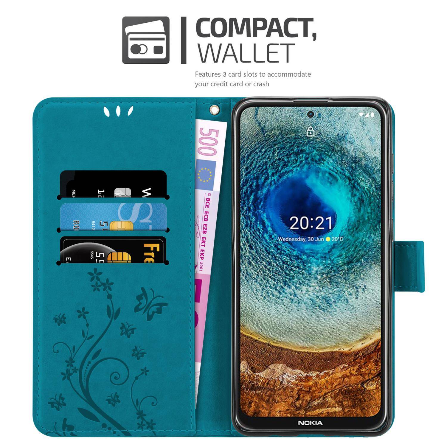 Cadorabo Hülle für Nokia X10 / X20 Schutz Hülle in Blau Schutzhülle Handy Hülle Etui Case Blumen Flower