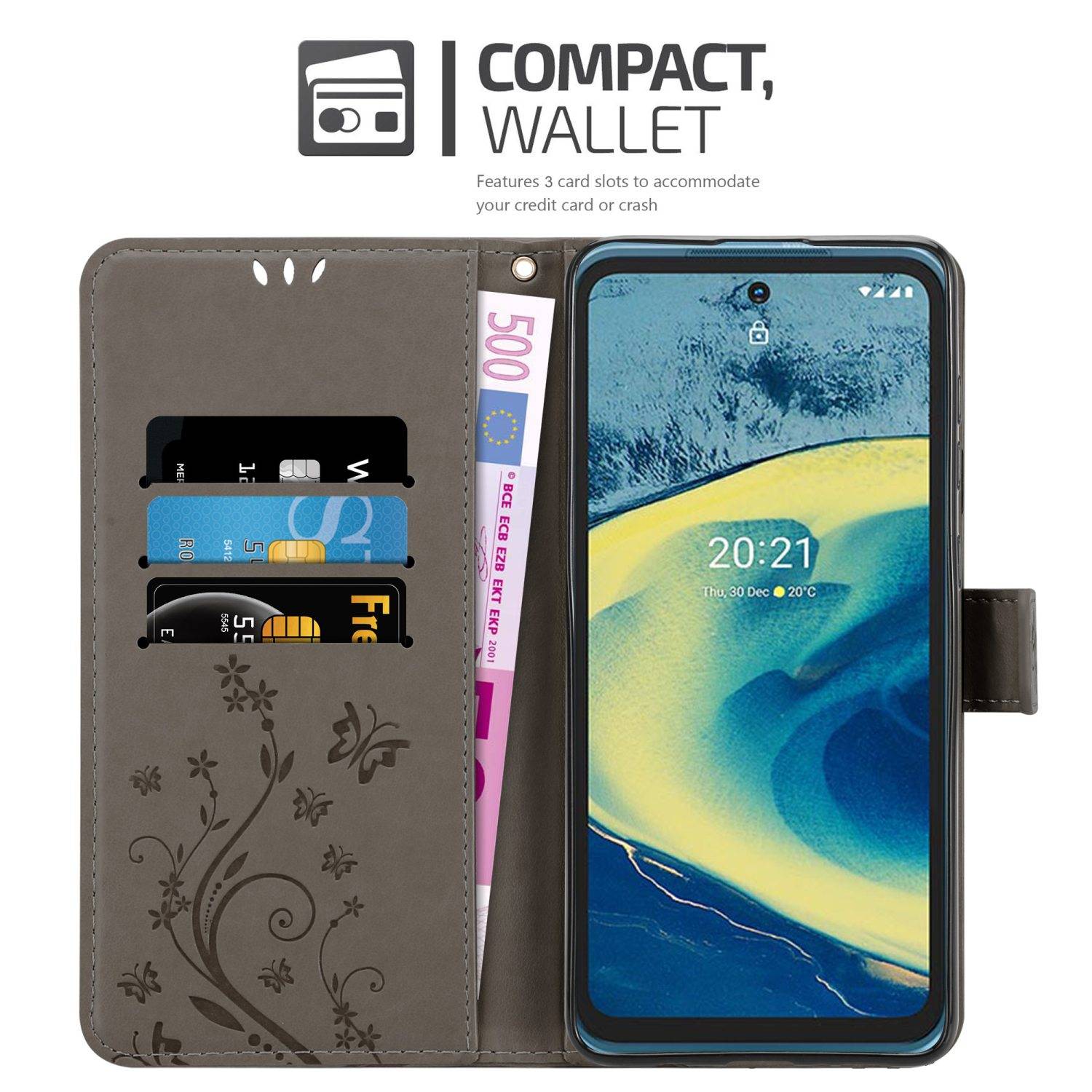 Cadorabo Hülle für Nokia XR20 Schutz Hülle in Grau Schutzhülle Handy Hülle Etui Case Blumen Flower