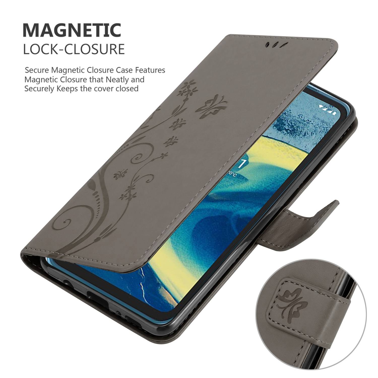 Cadorabo Hülle für Nokia XR20 Schutz Hülle in Grau Schutzhülle Handy Hülle Etui Case Blumen Flower