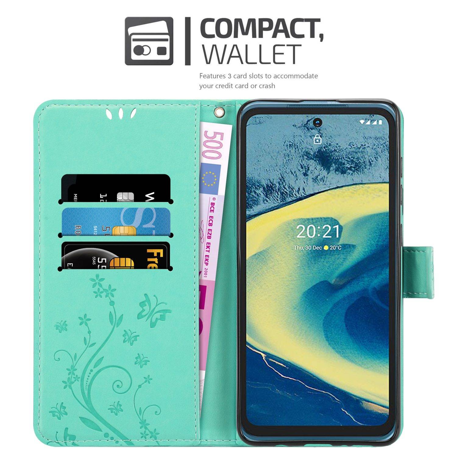 Cadorabo Hülle für Nokia XR20 Schutz Hülle in Türkis Schutzhülle Handy Hülle Etui Case Blumen Flower