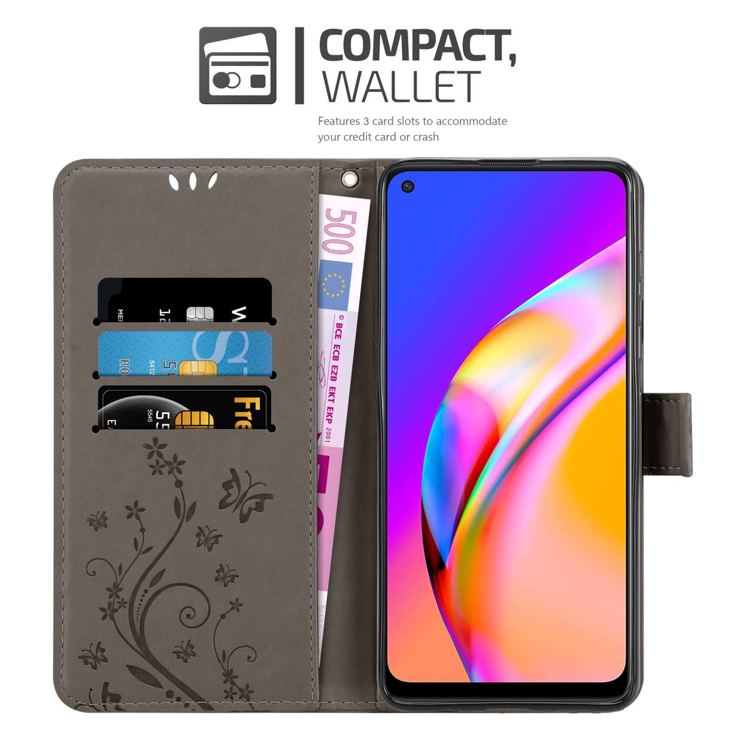 Cadorabo Hülle für Oppo A94 5G Schutz Hülle in Grau Schutzhülle Handy Hülle Etui Case Blumen Flower