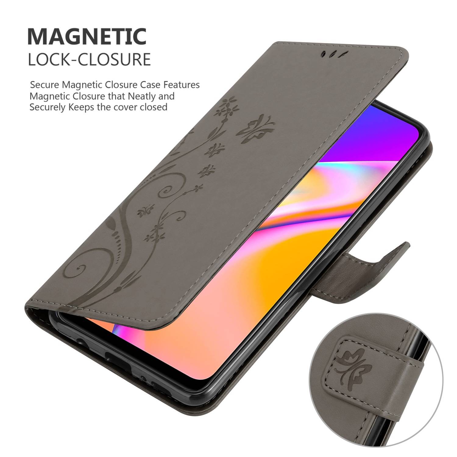 Cadorabo Hülle für Oppo A94 5G Schutz Hülle in Grau Schutzhülle Handy Hülle Etui Case Blumen Flower