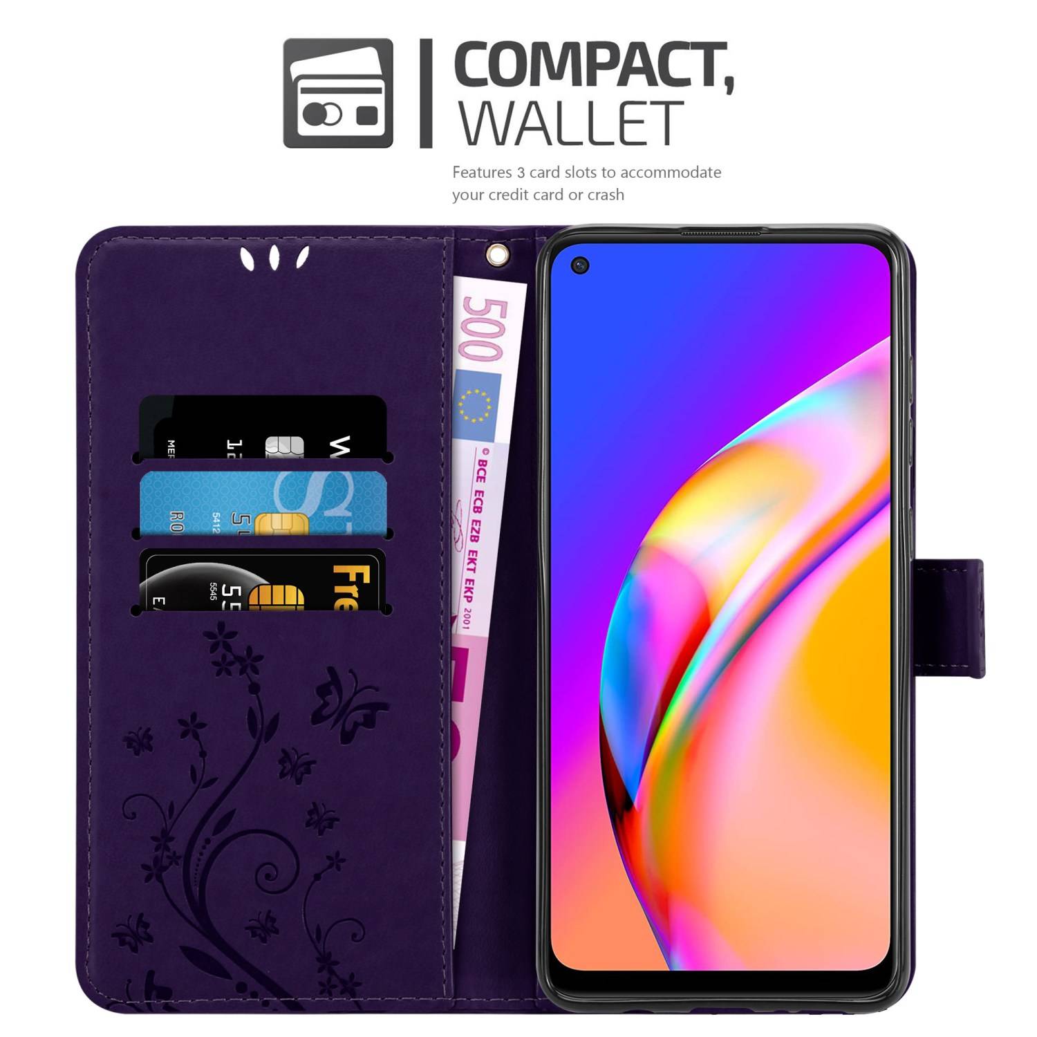 Cadorabo Hülle für Oppo A94 5G Schutz Hülle in Lila Schutzhülle Handy Hülle Etui Case Blumen Flower