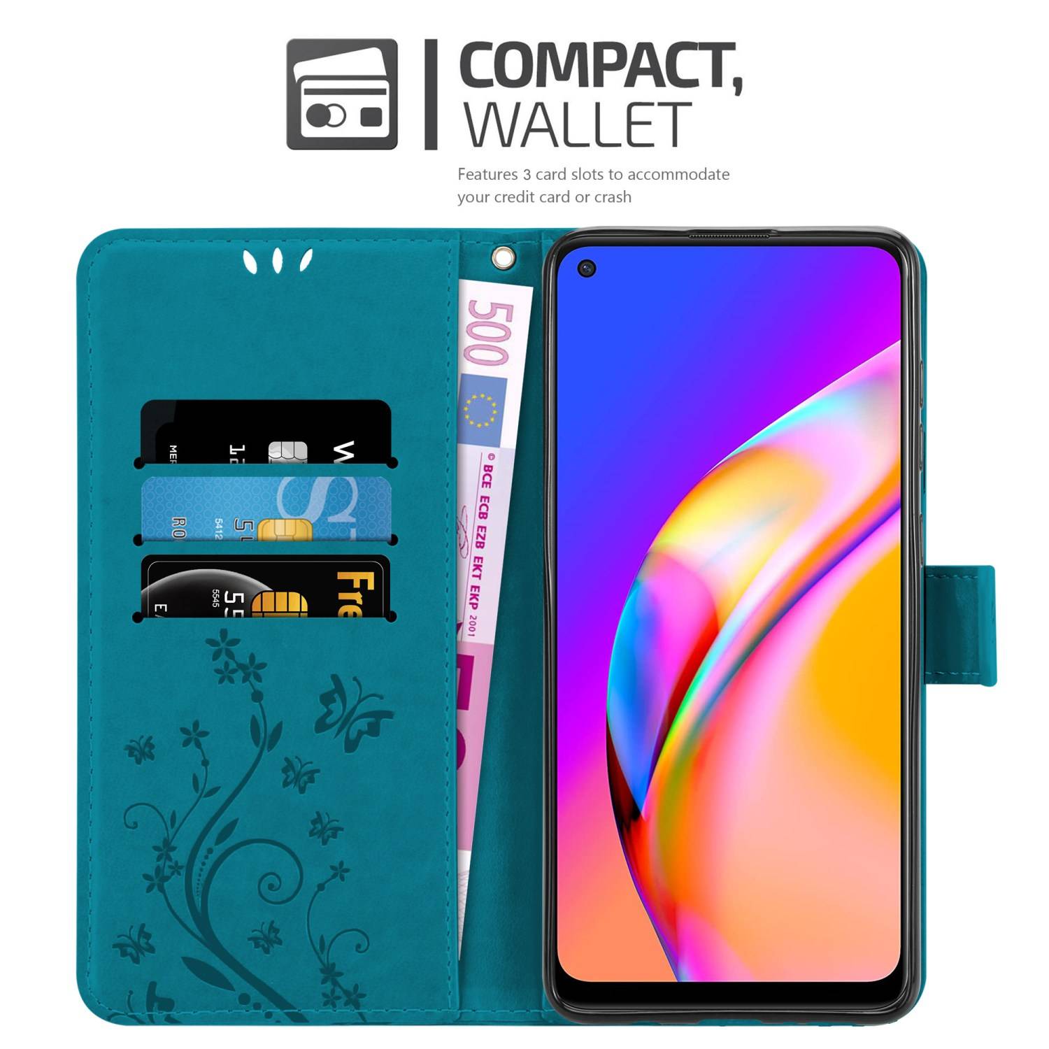 Cadorabo Hülle für Oppo A94 5G Schutz Hülle in Blau Schutzhülle Handy Hülle Etui Case Blumen Flower
