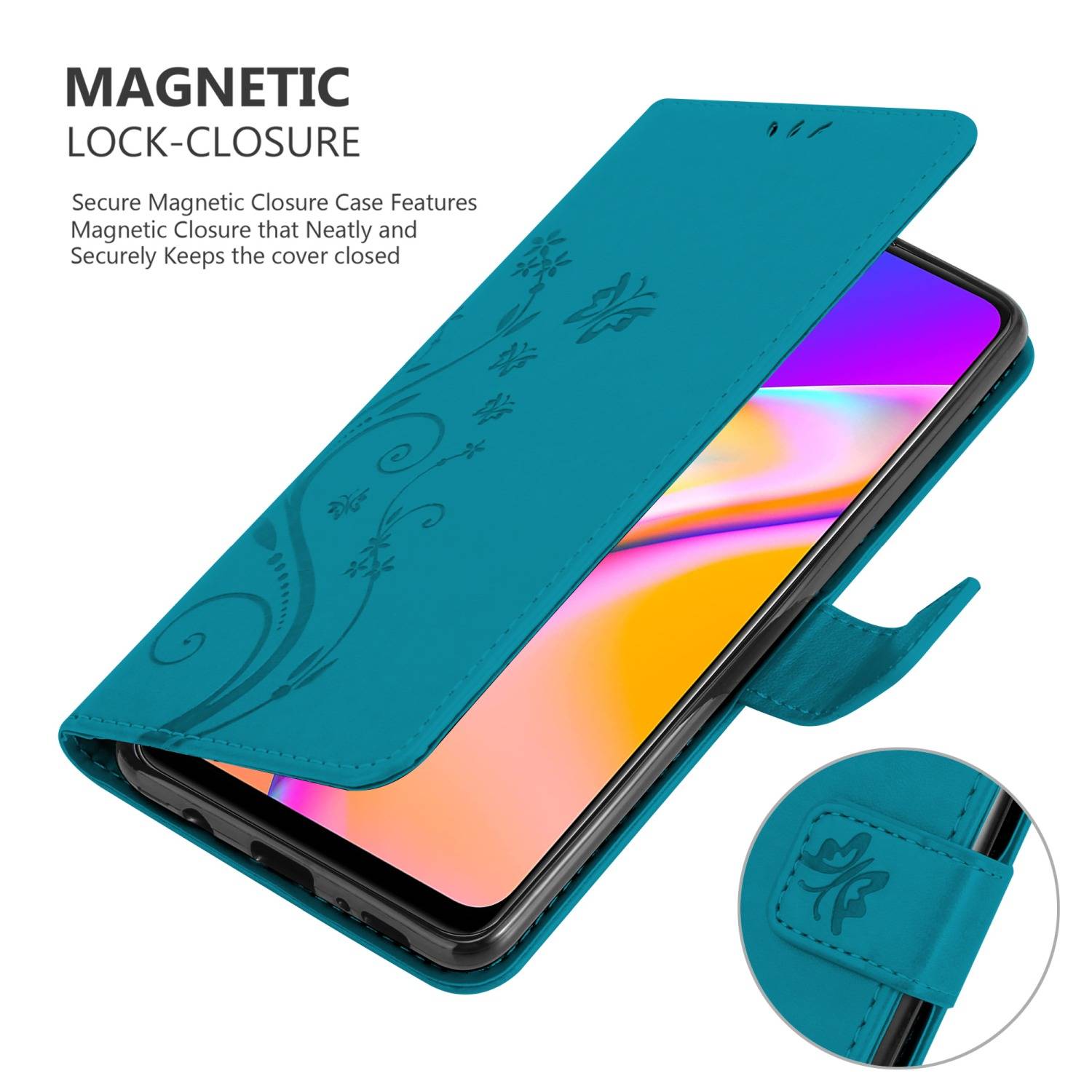 Cadorabo Hülle für Oppo A94 5G Schutz Hülle in Blau Schutzhülle Handy Hülle Etui Case Blumen Flower
