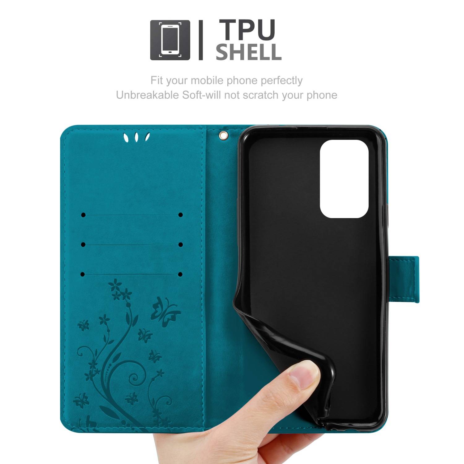 Cadorabo Hülle für Oppo A94 5G Schutz Hülle in Blau Schutzhülle Handy Hülle Etui Case Blumen Flower