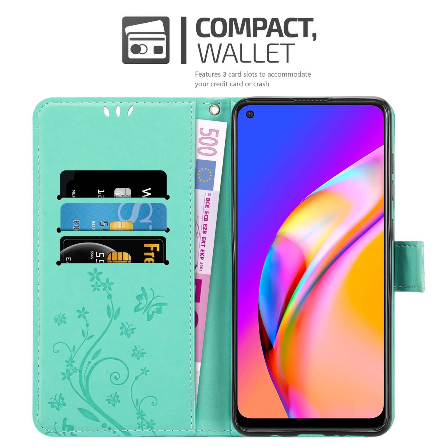 Cadorabo Hülle für Oppo A94 5G Schutz Hülle in Türkis Schutzhülle Handy Hülle Etui Case Blumen Flower