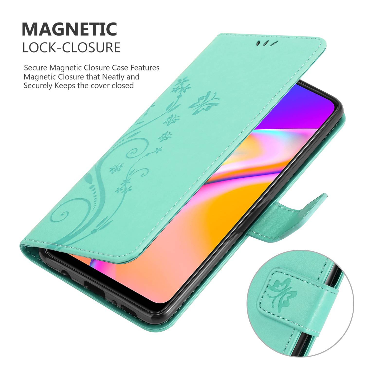 Cadorabo Hülle für Oppo A94 5G Schutz Hülle in Türkis Schutzhülle Handy Hülle Etui Case Blumen Flower