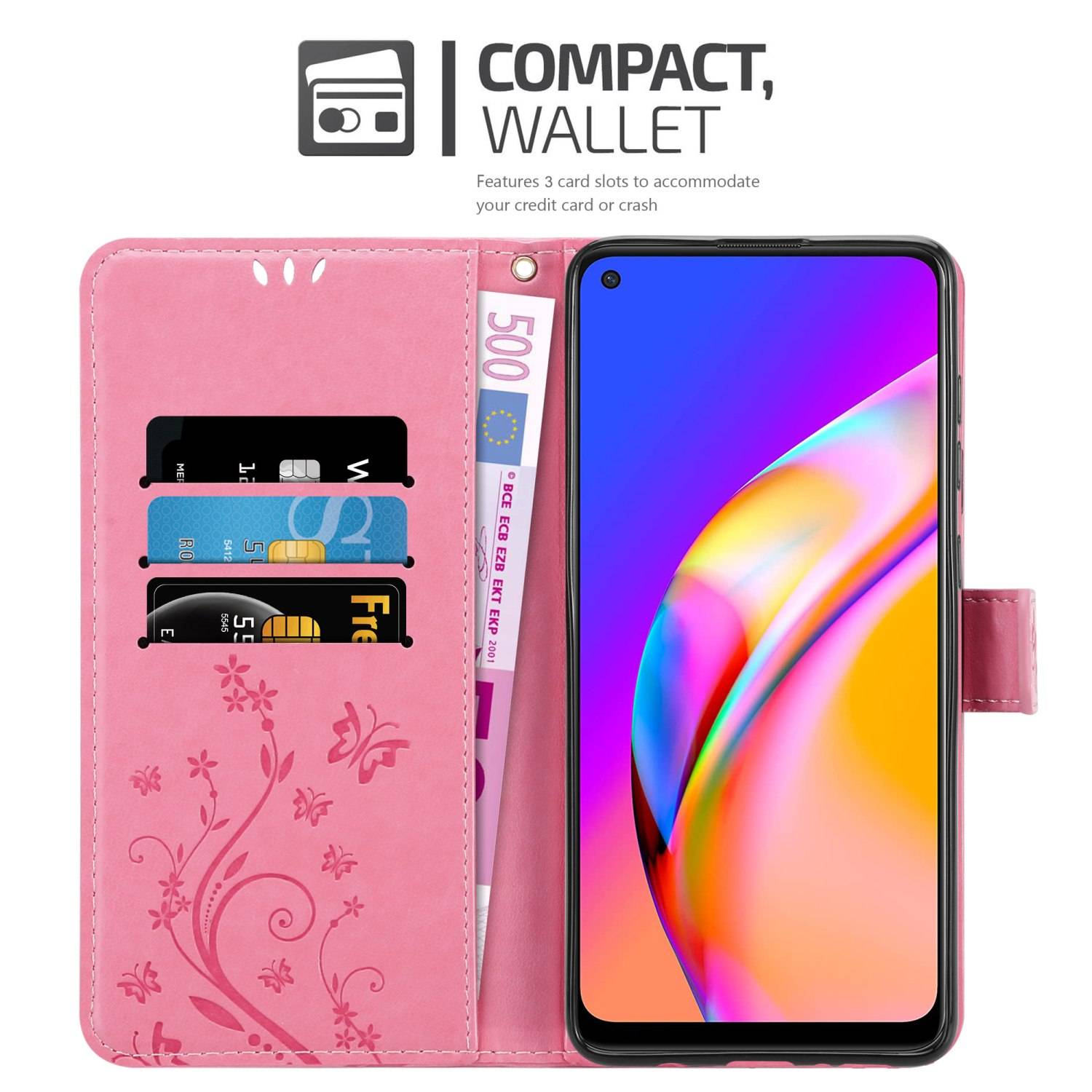 Cadorabo Hülle für Oppo A94 5G Schutz Hülle in Rosa Schutzhülle Handy Hülle Etui Case Blumen Flower