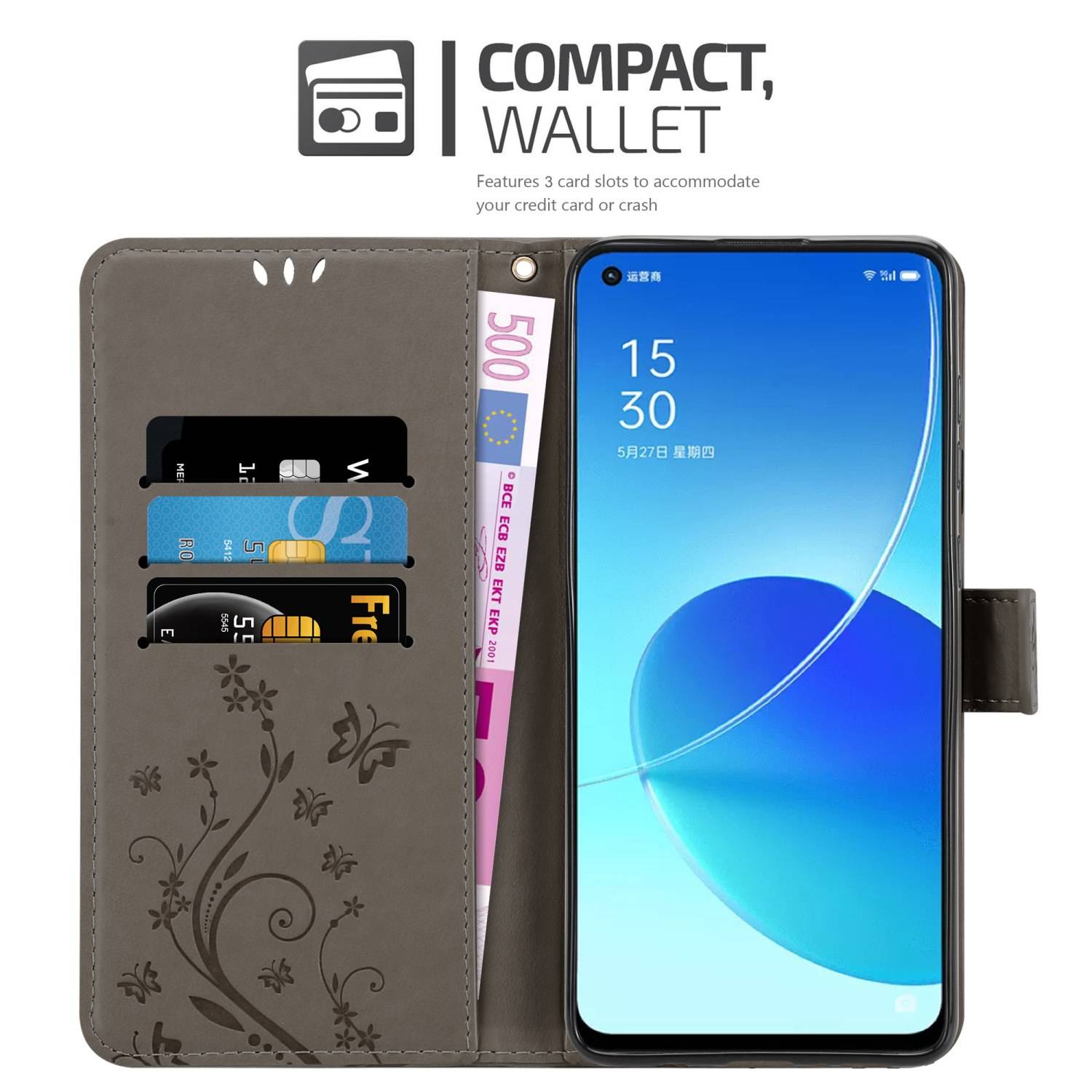 Cadorabo Hülle für Oppo Reno6 5G Schutz Hülle in Grau Schutzhülle Handy Hülle Etui Case Blumen Flower