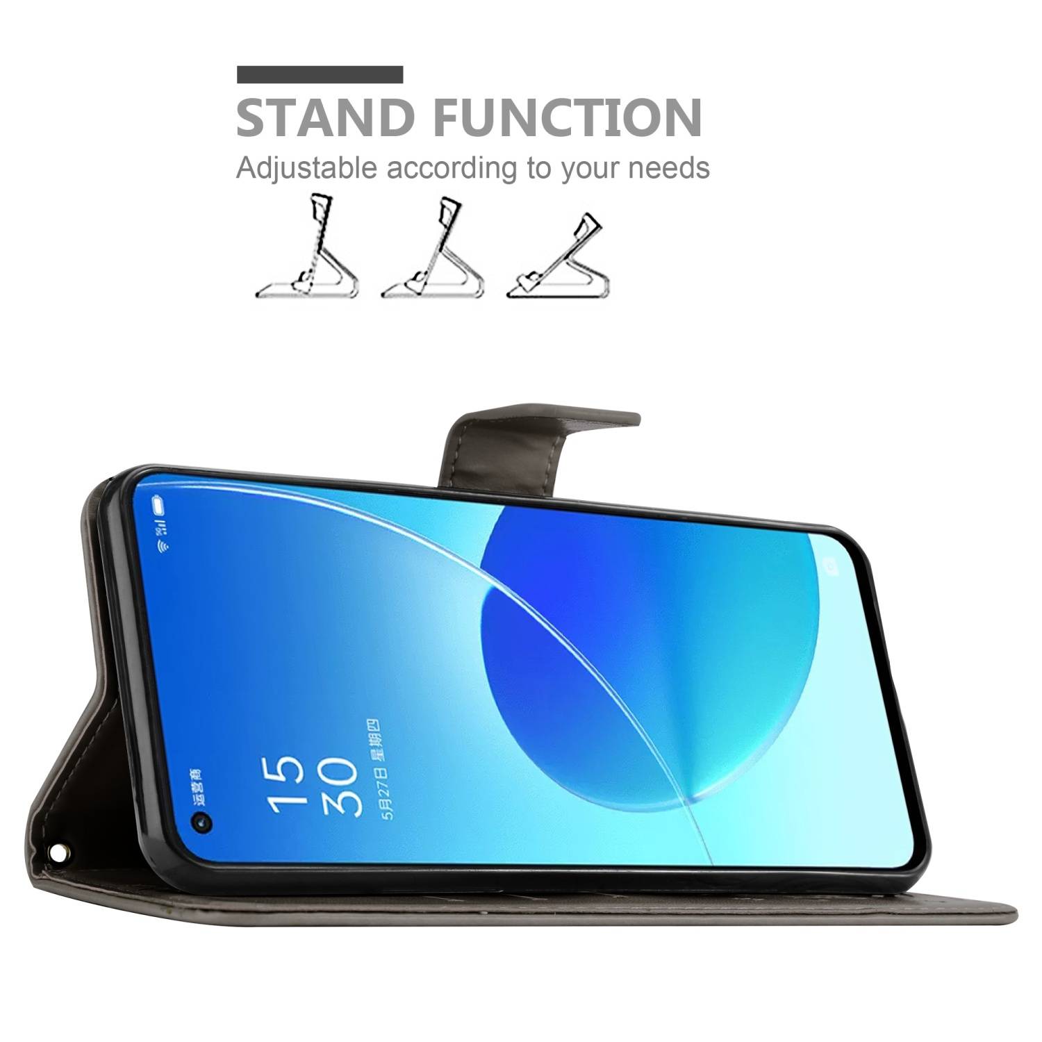 Cadorabo Hülle für Oppo Reno6 5G Schutz Hülle in Grau Schutzhülle Handy Hülle Etui Case Blumen Flower